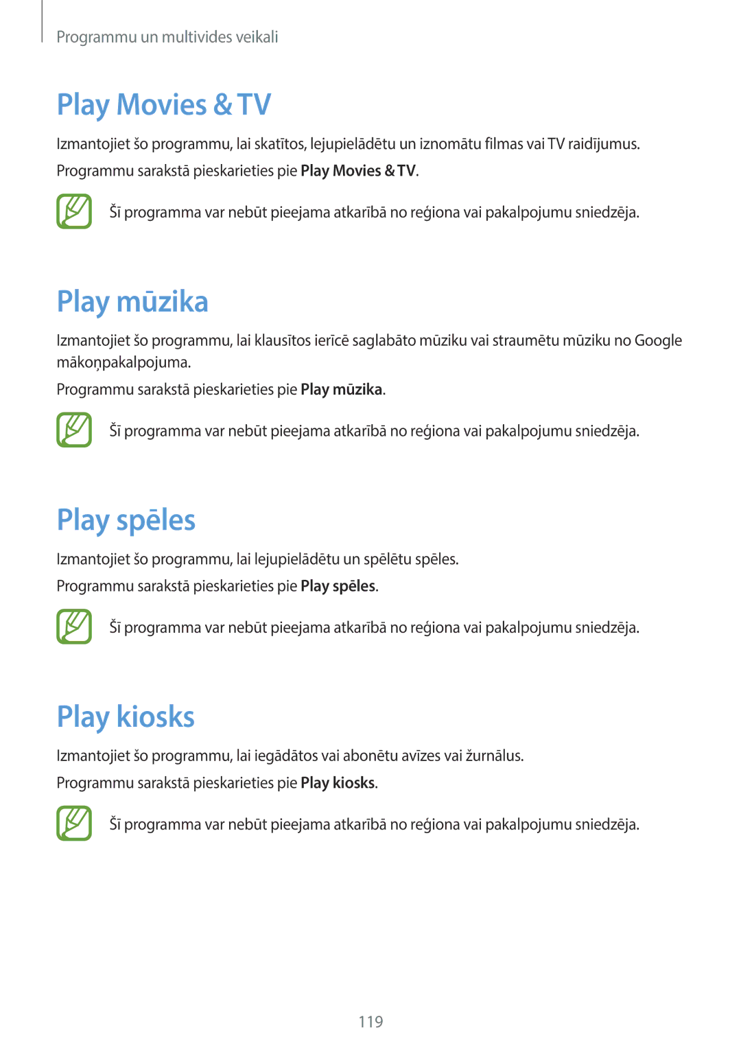 Samsung SM-C1010ZKASEB, SM-C1010ZWASEB manual Play Movies & TV, Play mūzika, Play spēles, Play kiosks 
