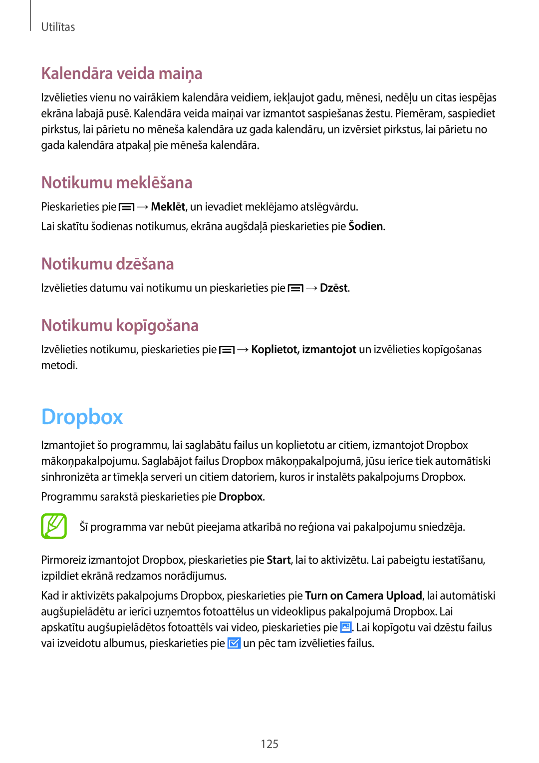 Samsung SM-C1010ZKASEB manual Dropbox, Kalendāra veida maiņa, Notikumu meklēšana, Notikumu dzēšana, Notikumu kopīgošana 
