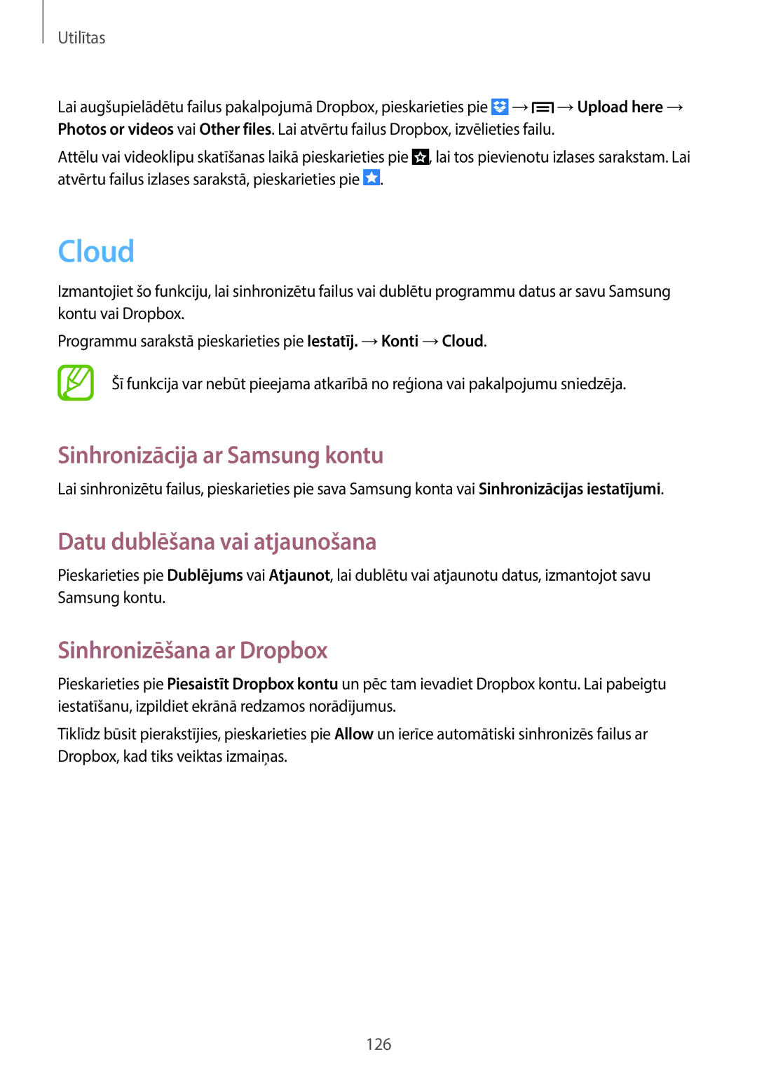 Samsung SM-C1010ZWASEB Cloud, Sinhronizācija ar Samsung kontu, Datu dublēšana vai atjaunošana, Sinhronizēšana ar Dropbox 