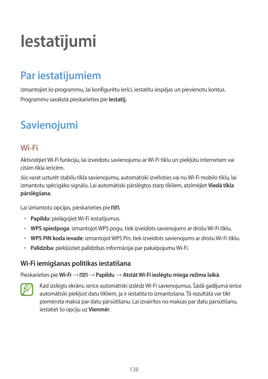 Samsung SM-C1010ZWASEB manual Iestatījumi, Par iestatījumiem, Savienojumi, Wi-Fi iemigšanas politikas iestatīšana 