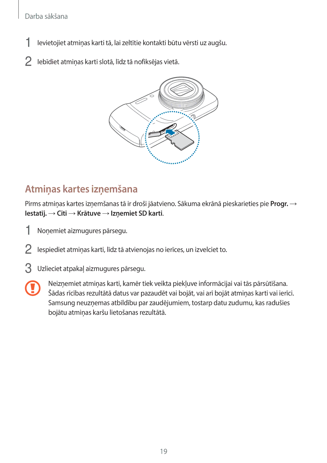 Samsung SM-C1010ZKASEB, SM-C1010ZWASEB manual Atmiņas kartes izņemšana 