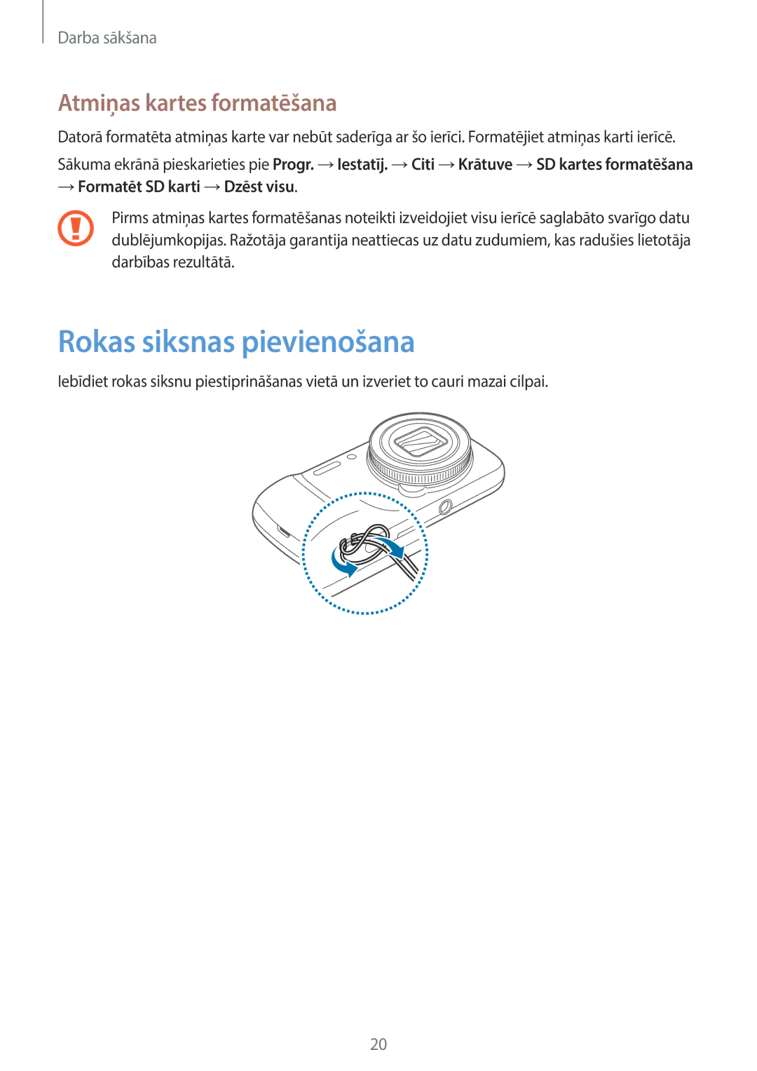 Samsung SM-C1010ZWASEB manual Rokas siksnas pievienošana, Atmiņas kartes formatēšana, → Formatēt SD karti →Dzēst visu 