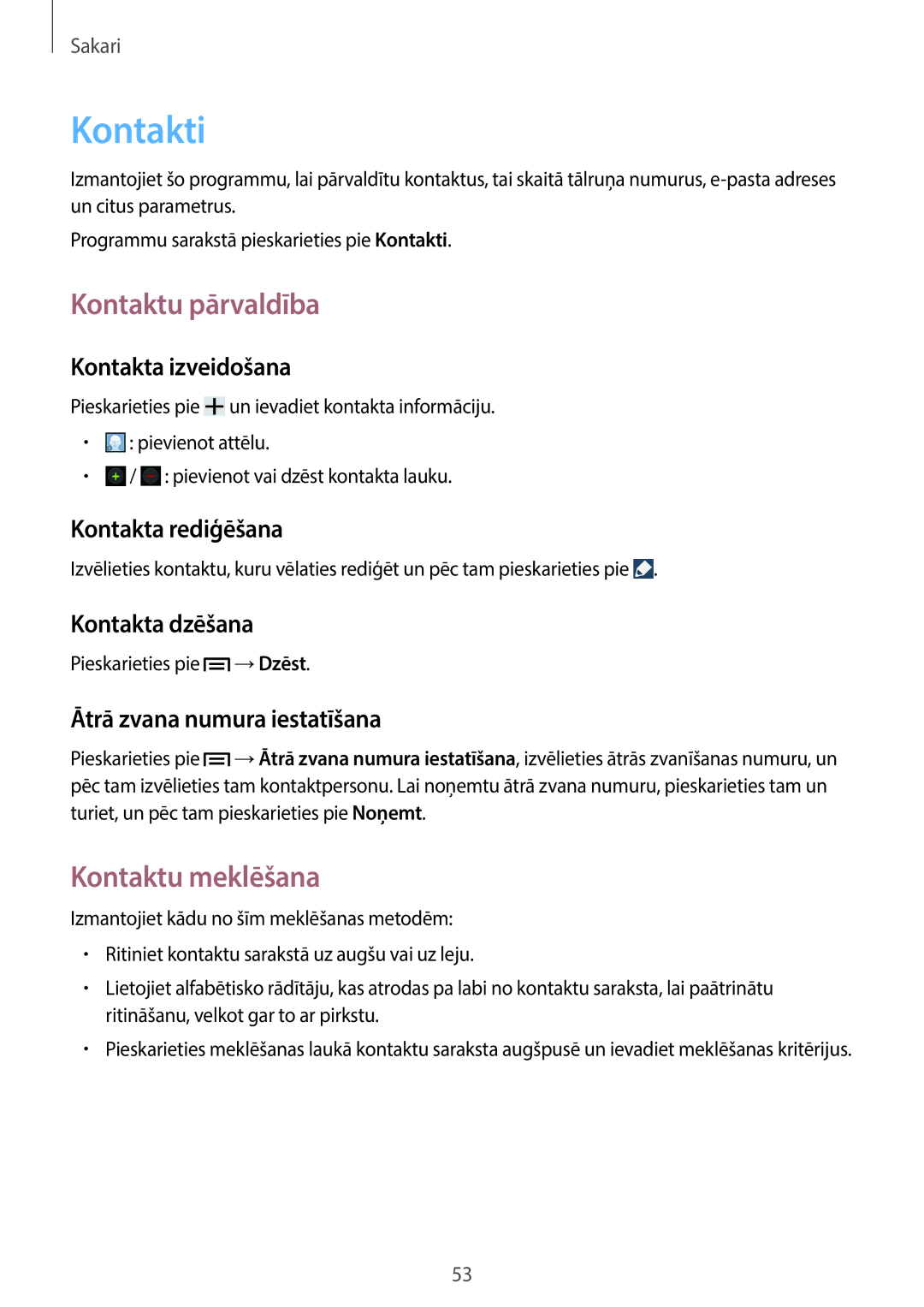 Samsung SM-C1010ZKASEB, SM-C1010ZWASEB manual Kontakti, Kontaktu pārvaldība, Kontaktu meklēšana 