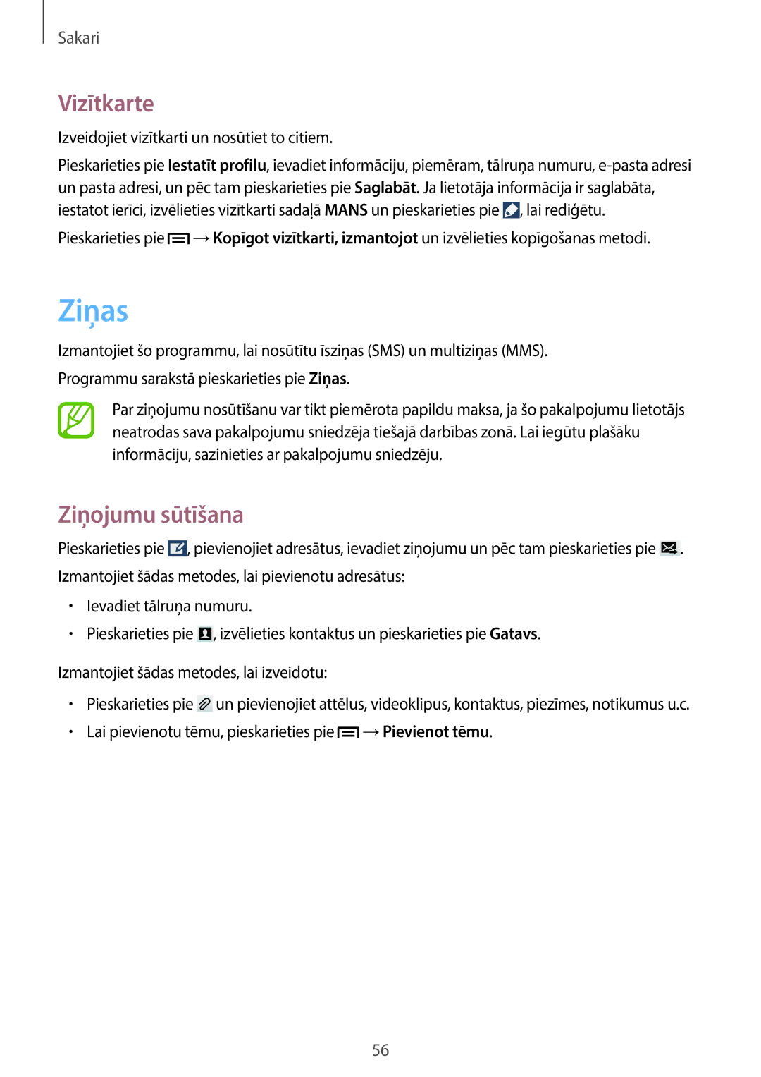 Samsung SM-C1010ZWASEB, SM-C1010ZKASEB manual Ziņas, Vizītkarte, Ziņojumu sūtīšana 