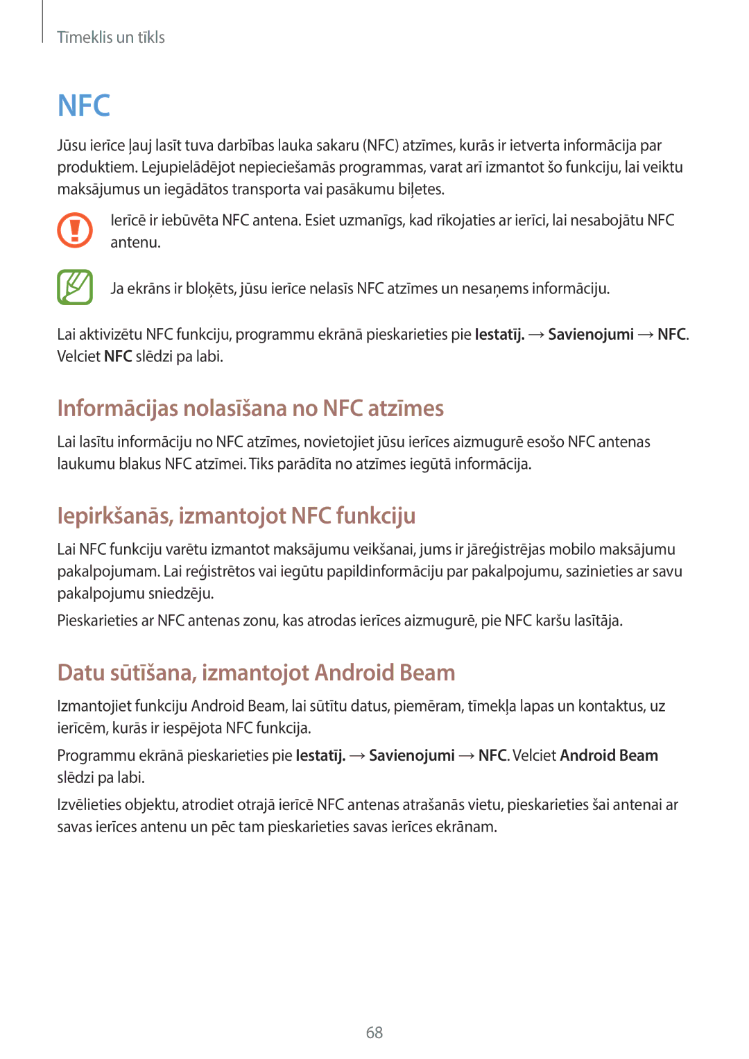 Samsung SM-C1010ZWASEB, SM-C1010ZKASEB manual Informācijas nolasīšana no NFC atzīmes, Iepirkšanās, izmantojot NFC funkciju 