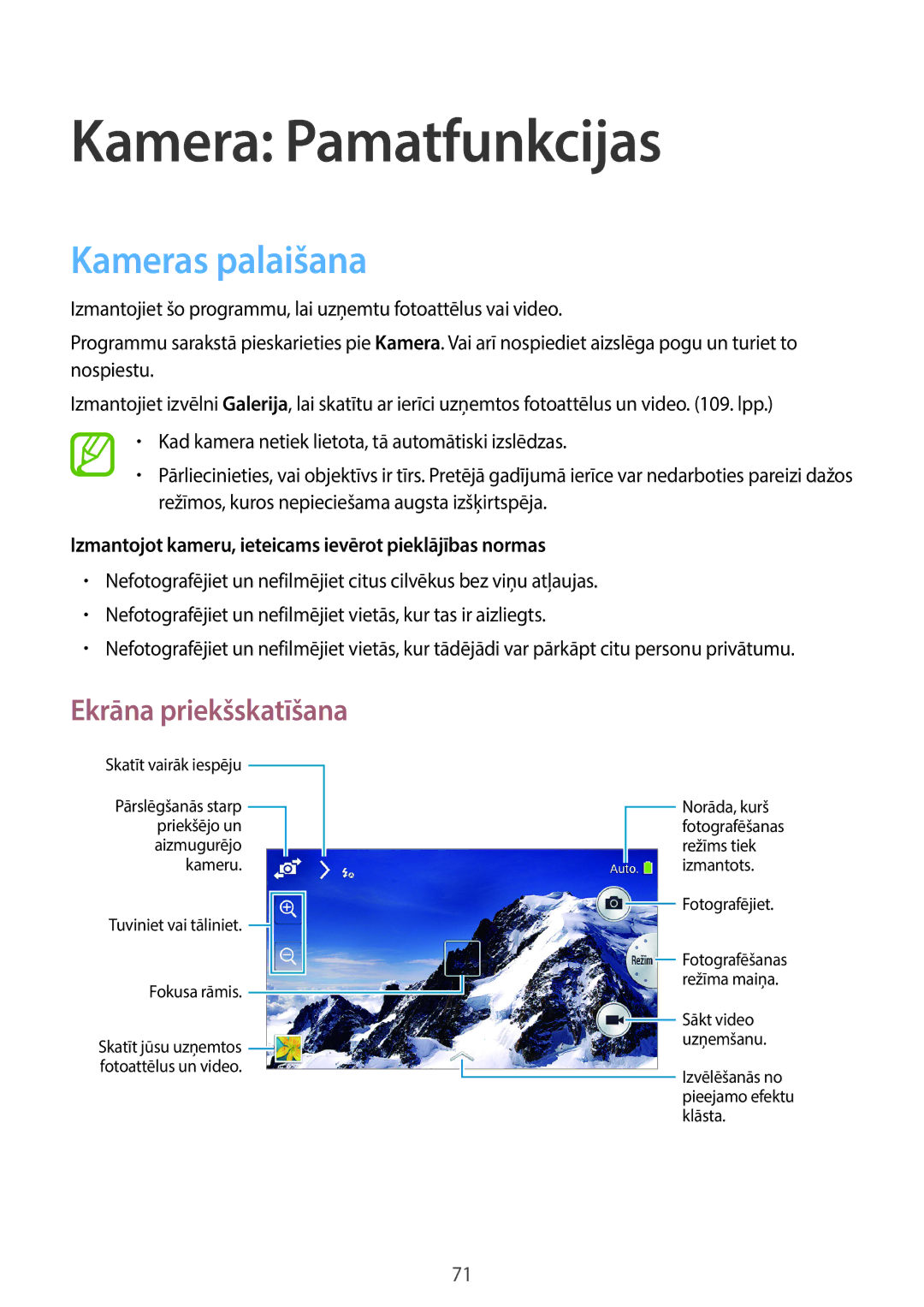 Samsung SM-C1010ZKASEB, SM-C1010ZWASEB manual Kamera Pamatfunkcijas, Kameras palaišana, Ekrāna priekšskatīšana 