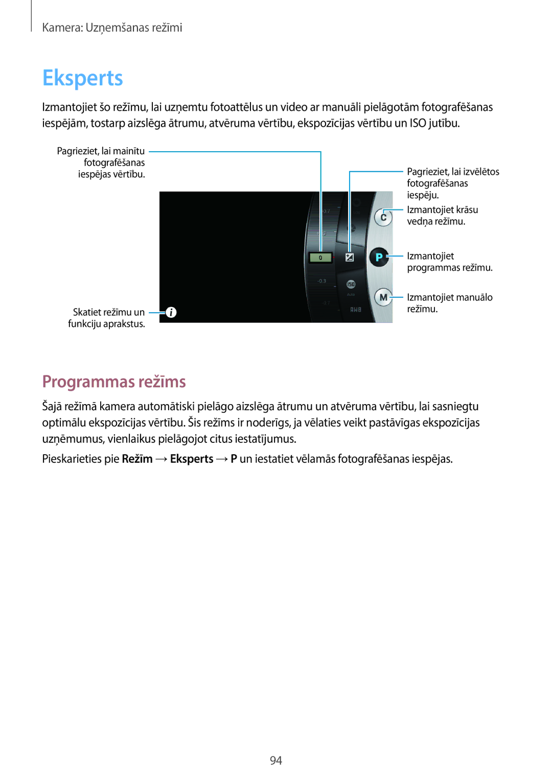 Samsung SM-C1010ZWASEB, SM-C1010ZKASEB manual Eksperts, Programmas režīms 