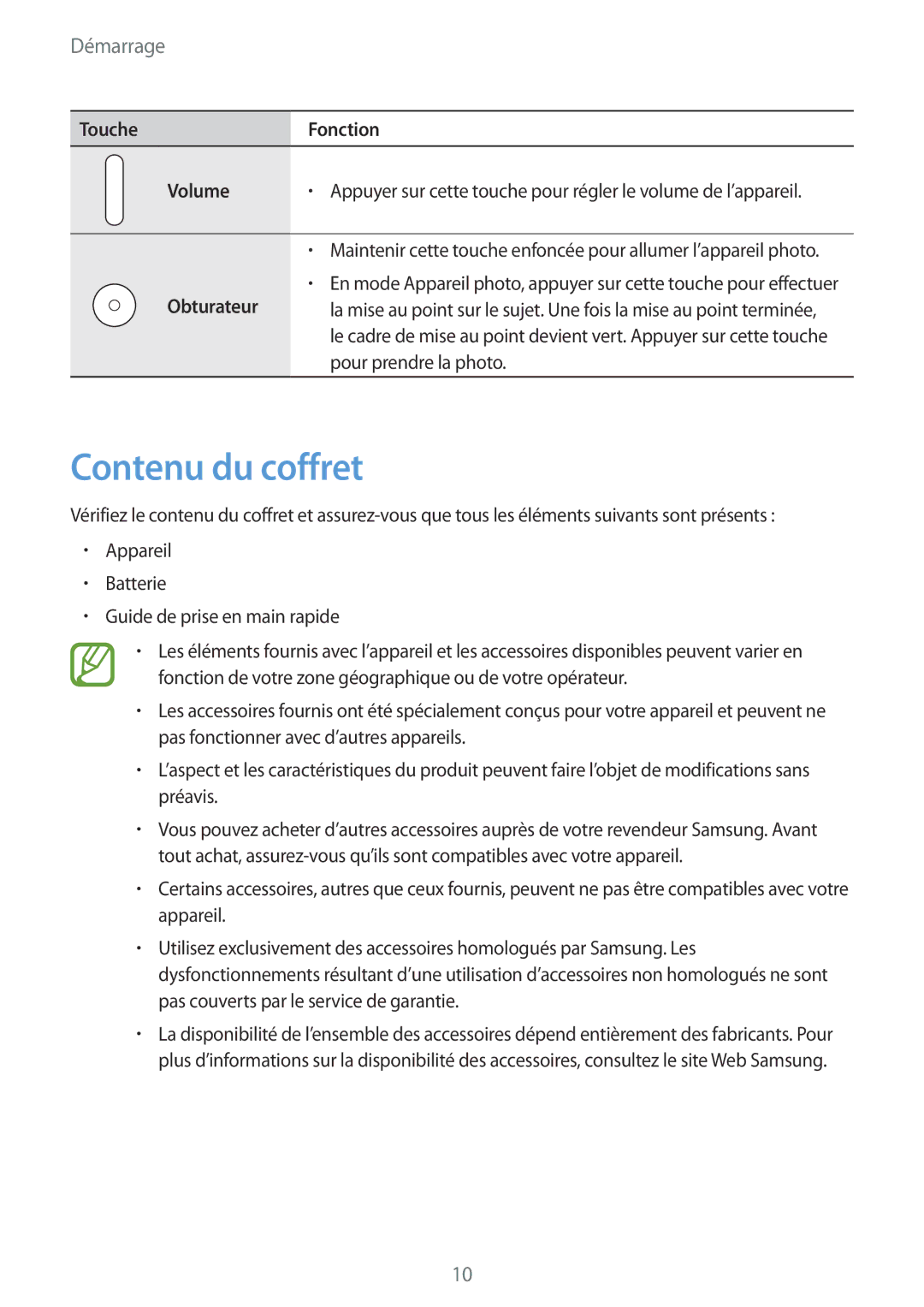 Samsung SM-C1010ZWAXEF, SM-C1010ZKAXEF manual Contenu du coffret, Touche Fonction Volume, Obturateur 