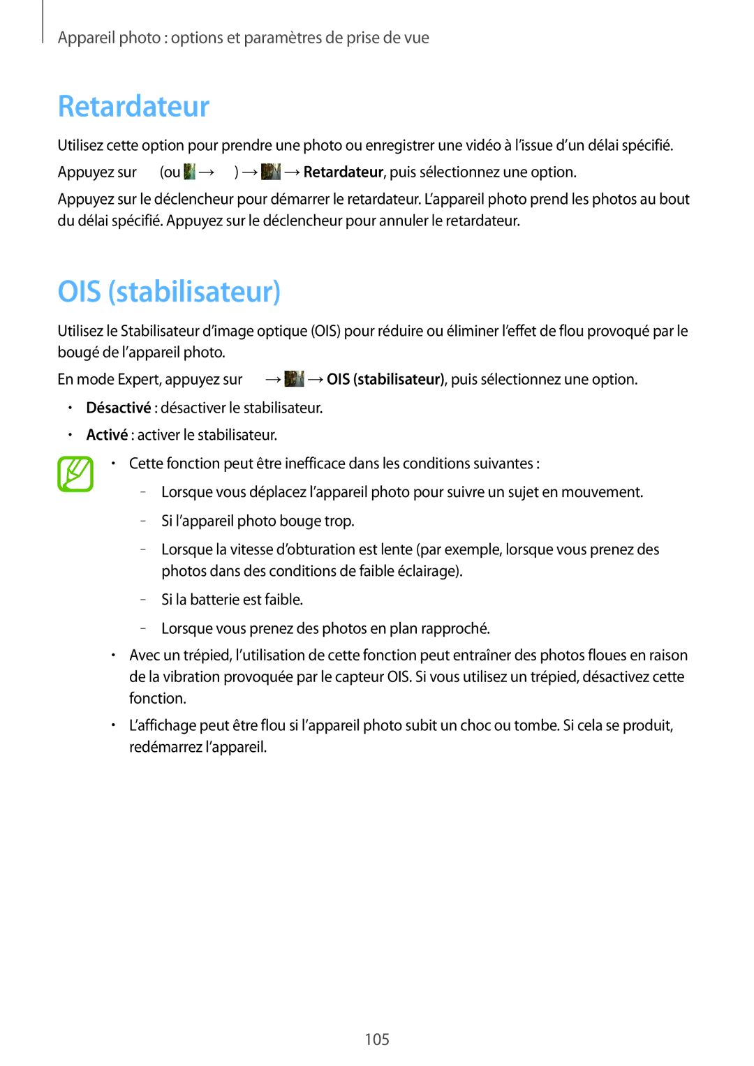 Samsung SM-C1010ZKAXEF, SM-C1010ZWAXEF manual Retardateur, OIS stabilisateur 