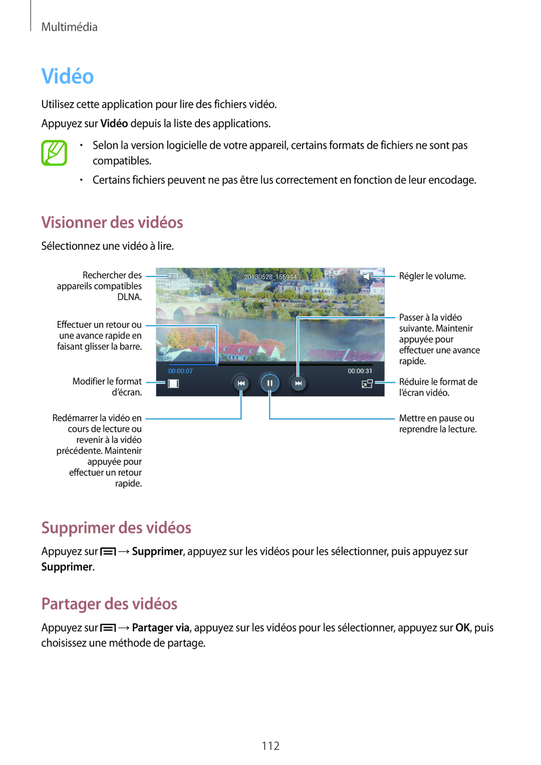 Samsung SM-C1010ZWAXEF, SM-C1010ZKAXEF manual Vidéo, Supprimer des vidéos, Partager des vidéos 