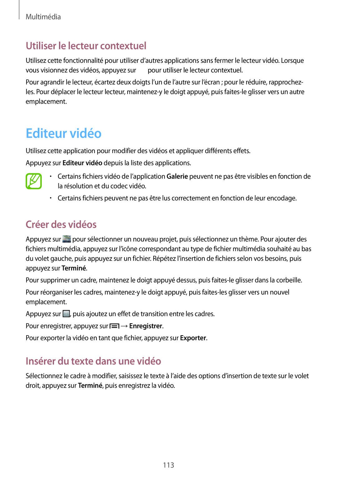 Samsung SM-C1010ZKAXEF Editeur vidéo, Utiliser le lecteur contextuel, Créer des vidéos, Insérer du texte dans une vidéo 