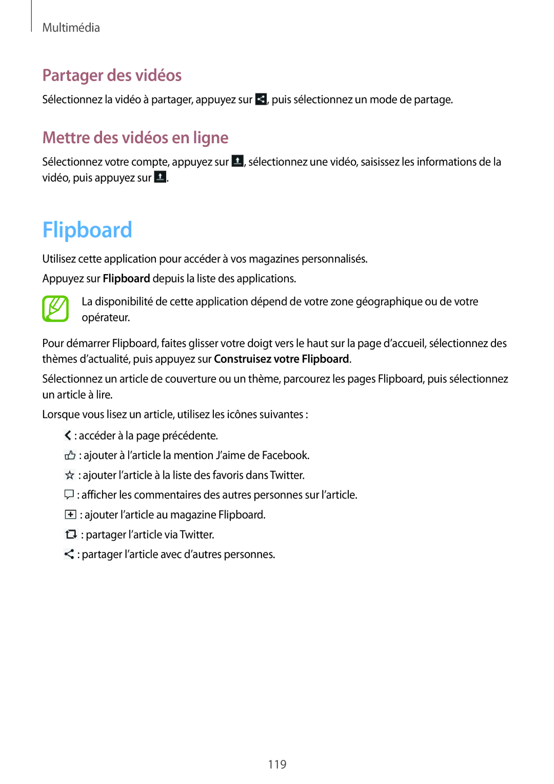 Samsung SM-C1010ZKAXEF, SM-C1010ZWAXEF manual Flipboard, Mettre des vidéos en ligne 