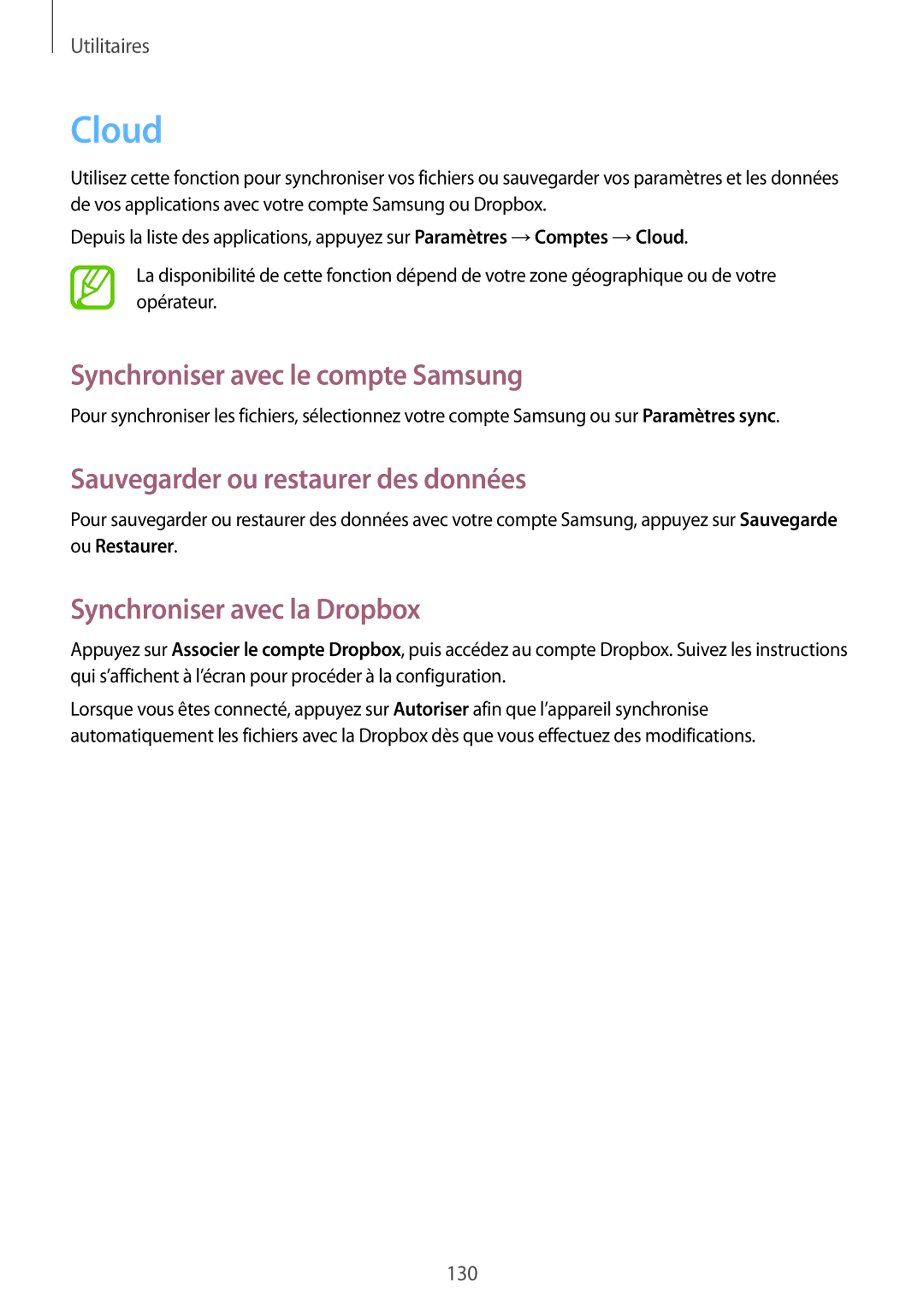 Samsung SM-C1010ZWAXEF, SM-C1010ZKAXEF Cloud, Synchroniser avec le compte Samsung, Sauvegarder ou restaurer des données 