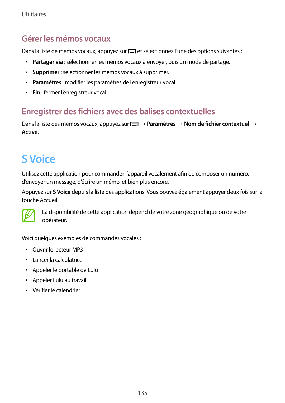 Samsung SM-C1010ZKAXEF manual Voice, Gérer les mémos vocaux, Enregistrer des fichiers avec des balises contextuelles 