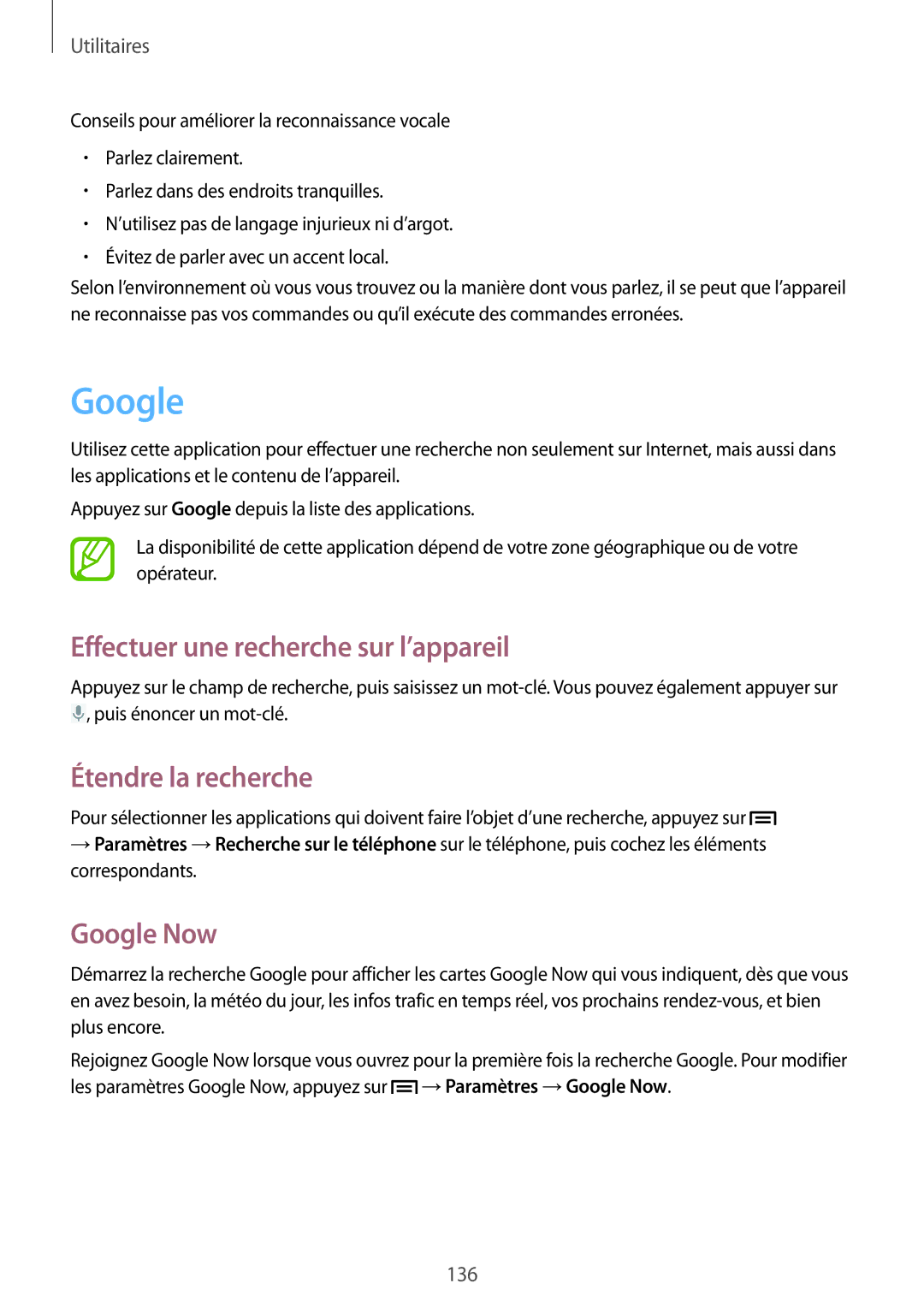 Samsung SM-C1010ZWAXEF, SM-C1010ZKAXEF manual Effectuer une recherche sur l’appareil, Étendre la recherche, Google Now 