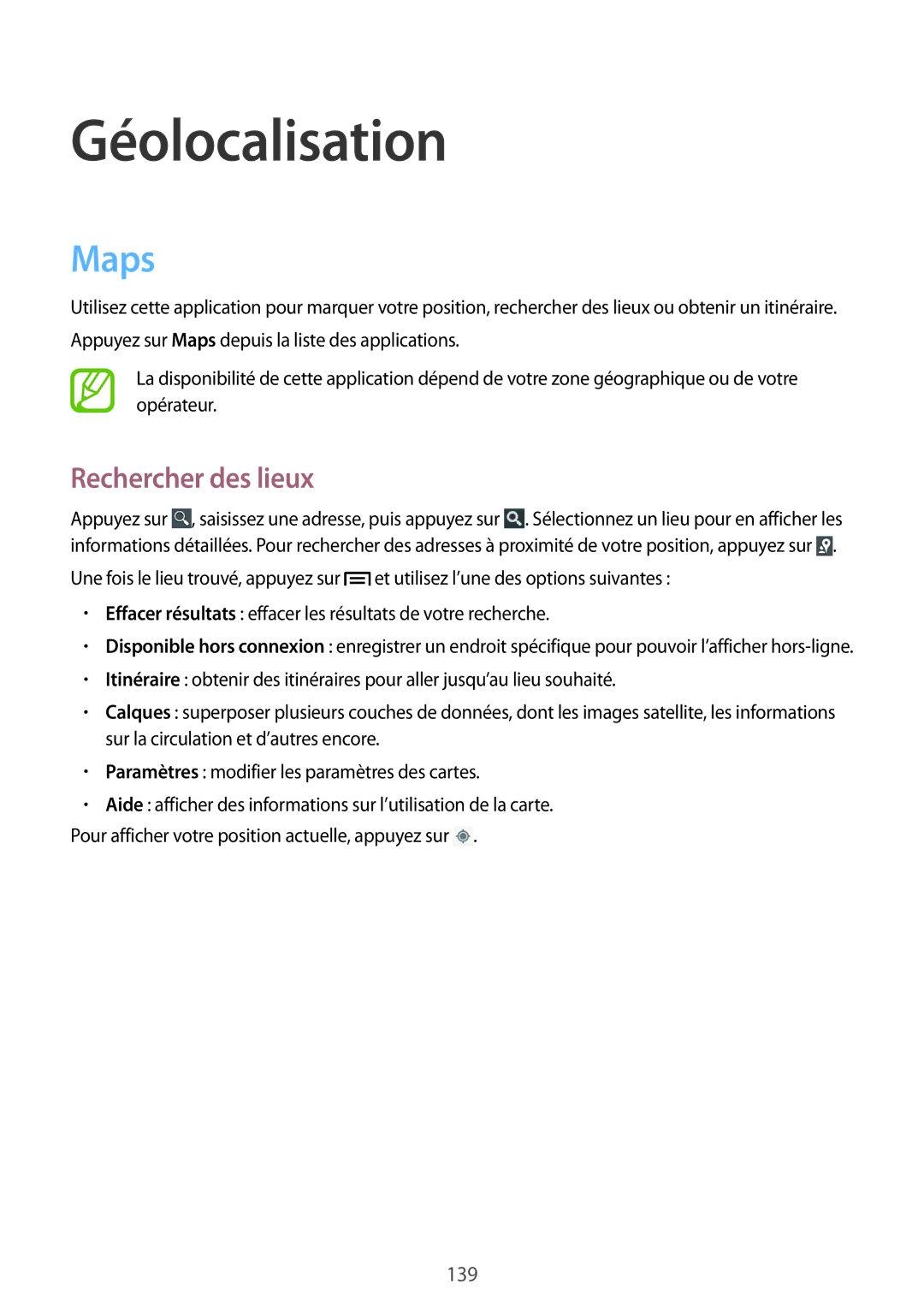 Samsung SM-C1010ZKAXEF, SM-C1010ZWAXEF manual Géolocalisation, Maps, Rechercher des lieux 