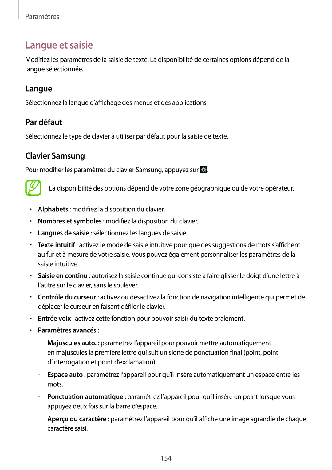 Samsung SM-C1010ZWAXEF, SM-C1010ZKAXEF manual Langue et saisie, Par défaut, Clavier Samsung, Paramètres avancés 