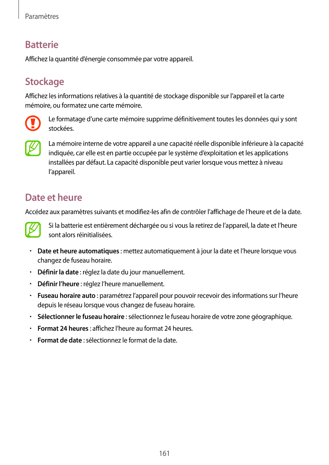 Samsung SM-C1010ZKAXEF, SM-C1010ZWAXEF manual Batterie, Stockage, Date et heure 