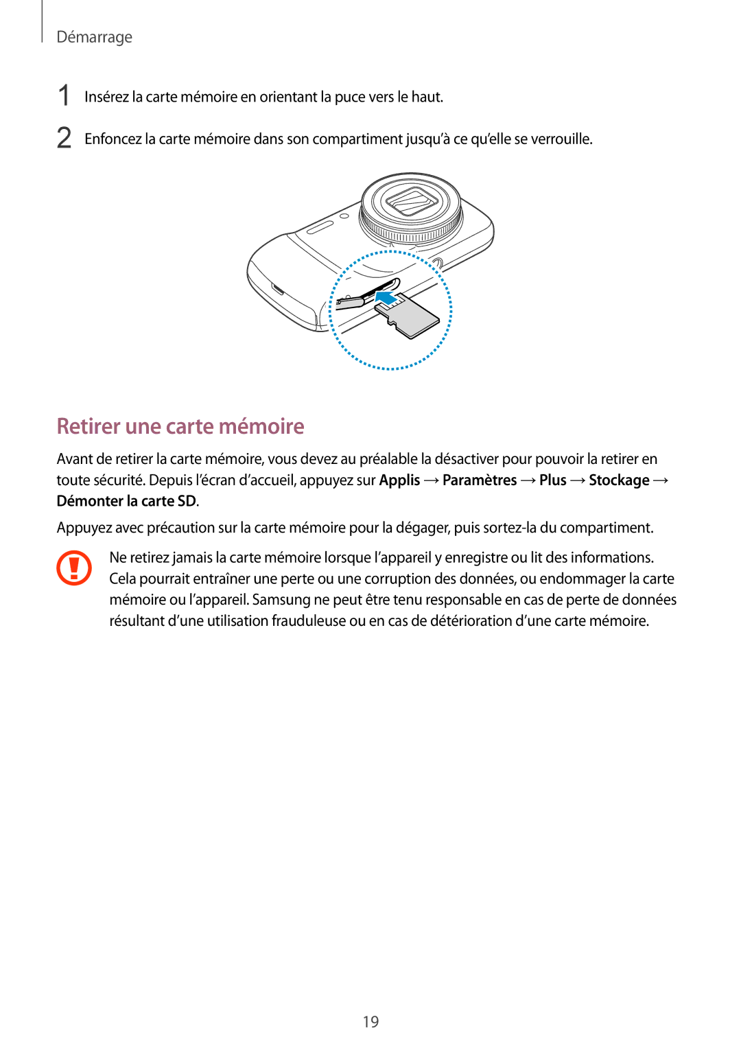 Samsung SM-C1010ZKAXEF, SM-C1010ZWAXEF manual Retirer une carte mémoire 