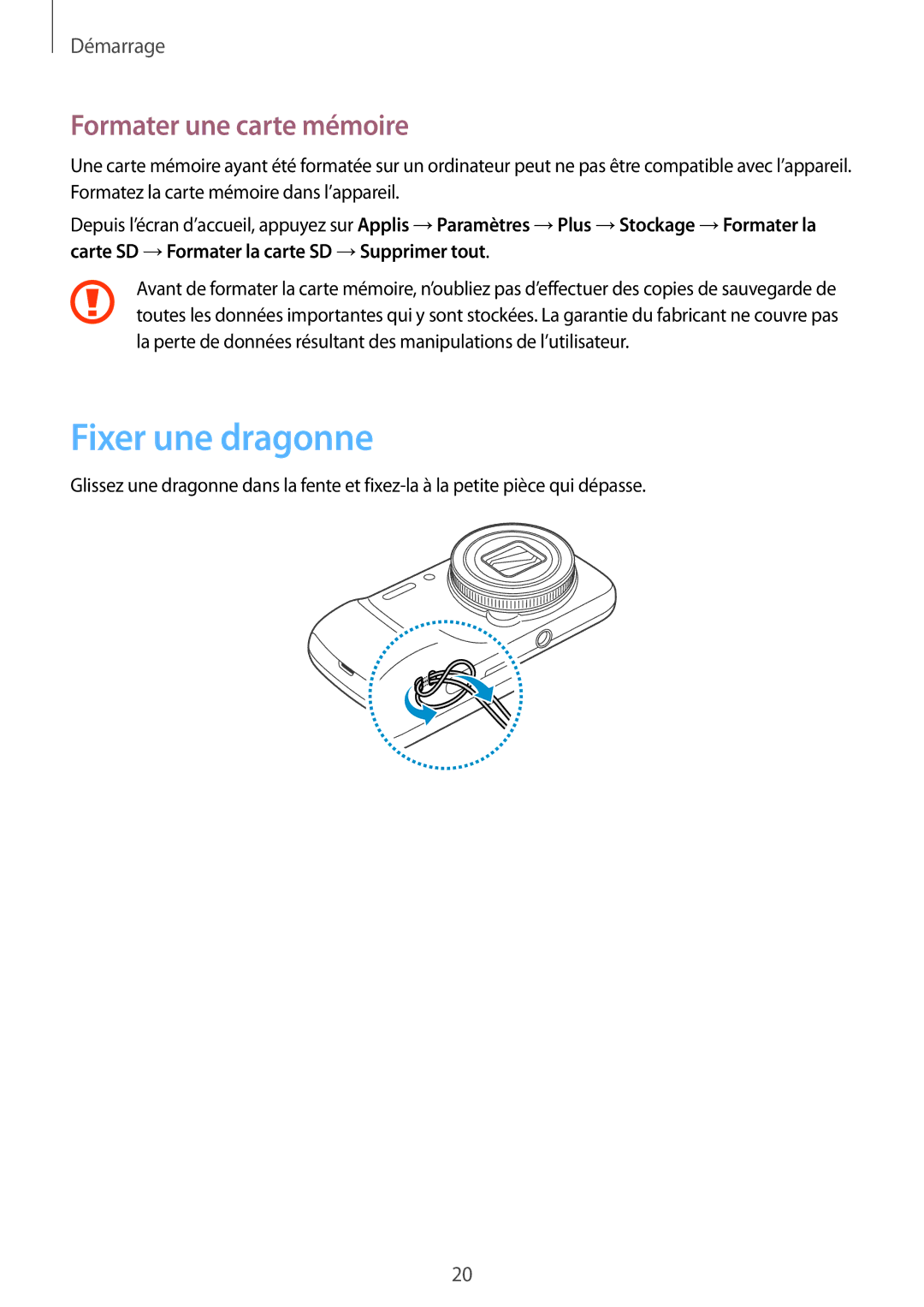 Samsung SM-C1010ZWAXEF, SM-C1010ZKAXEF manual Fixer une dragonne, Formater une carte mémoire 