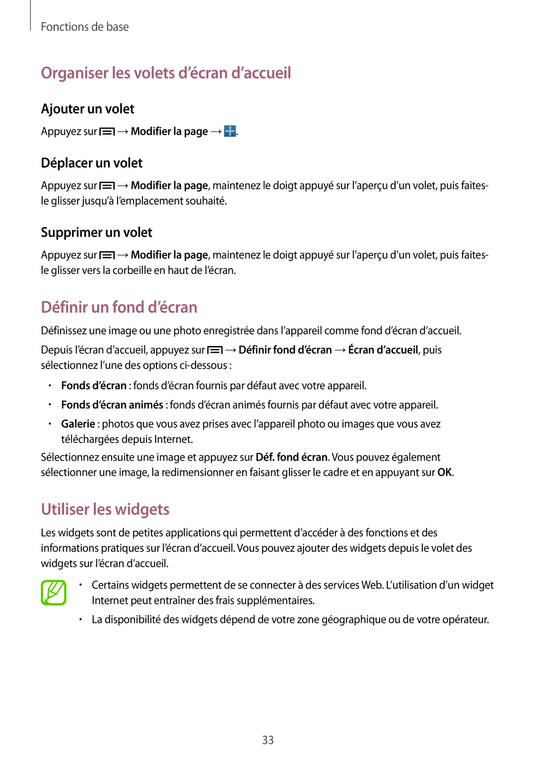Samsung SM-C1010ZKAXEF manual Organiser les volets d’écran d’accueil, Définir un fond d’écran, Utiliser les widgets 