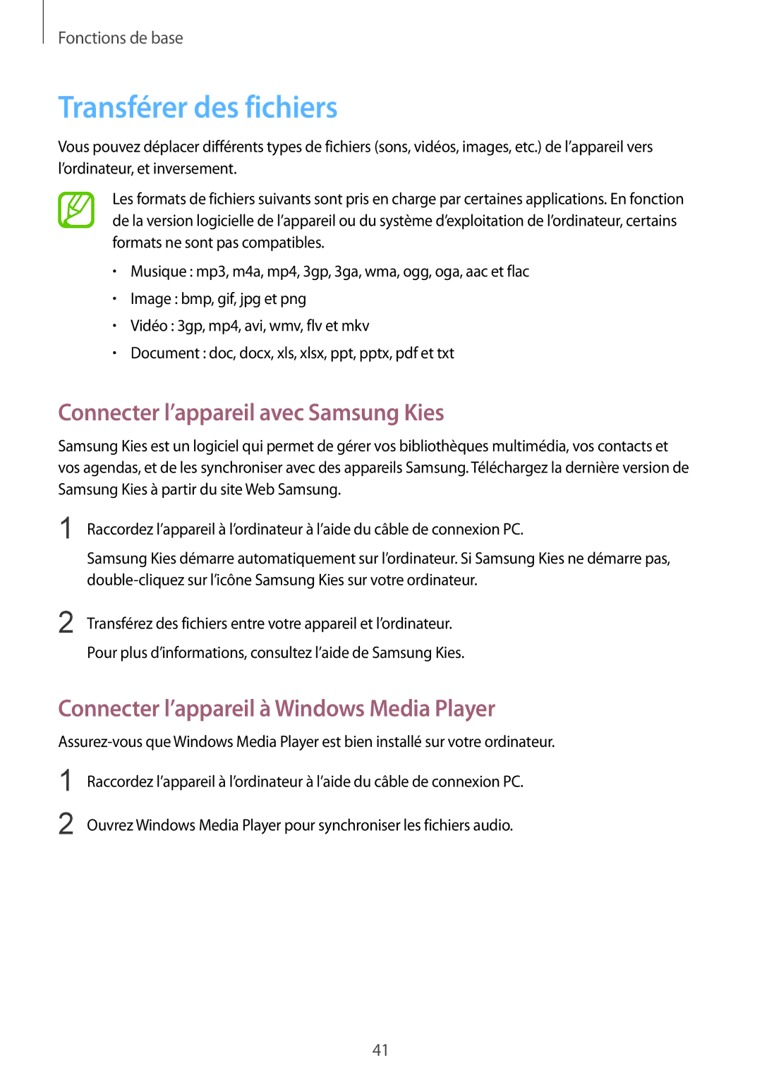 Samsung SM-C1010ZKAXEF, SM-C1010ZWAXEF manual Transférer des fichiers, Connecter l’appareil avec Samsung Kies 