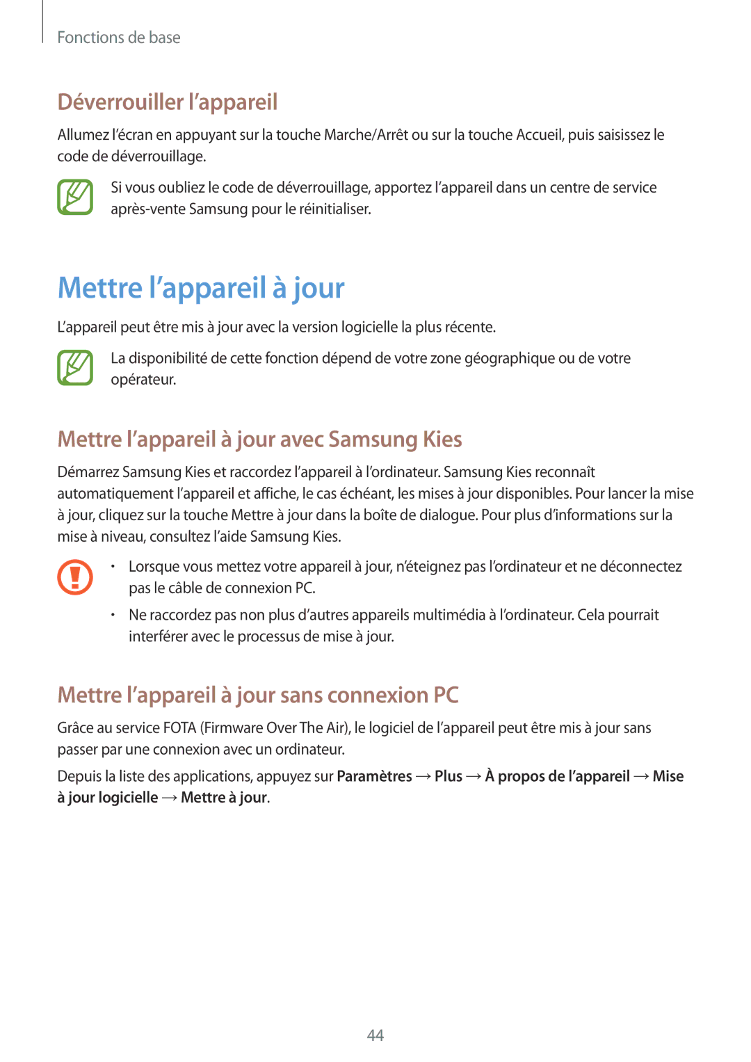 Samsung SM-C1010ZWAXEF, SM-C1010ZKAXEF manual Déverrouiller l’appareil, Mettre l’appareil à jour avec Samsung Kies 