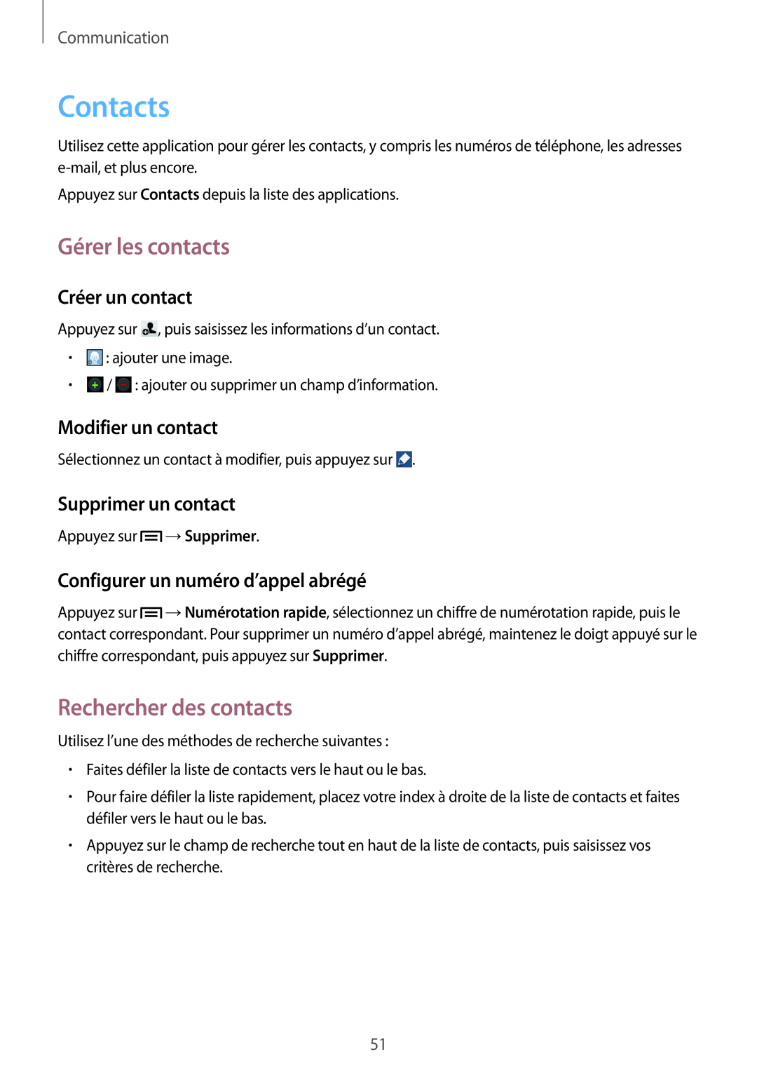 Samsung SM-C1010ZKAXEF, SM-C1010ZWAXEF manual Contacts, Gérer les contacts, Rechercher des contacts 