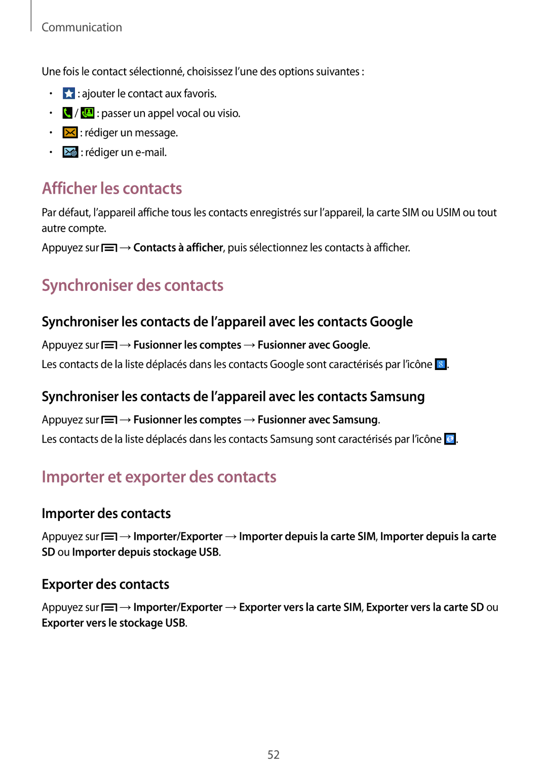 Samsung SM-C1010ZWAXEF, SM-C1010ZKAXEF Afficher les contacts, Synchroniser des contacts, Importer et exporter des contacts 