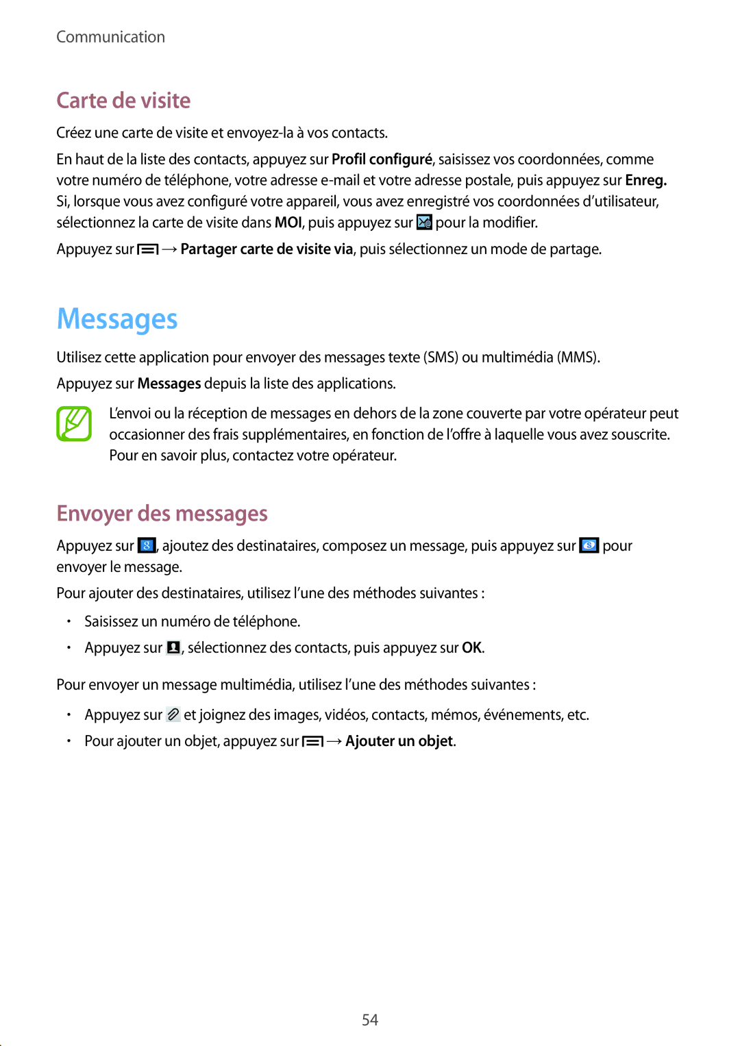 Samsung SM-C1010ZWAXEF, SM-C1010ZKAXEF manual Messages, Carte de visite, Envoyer des messages 