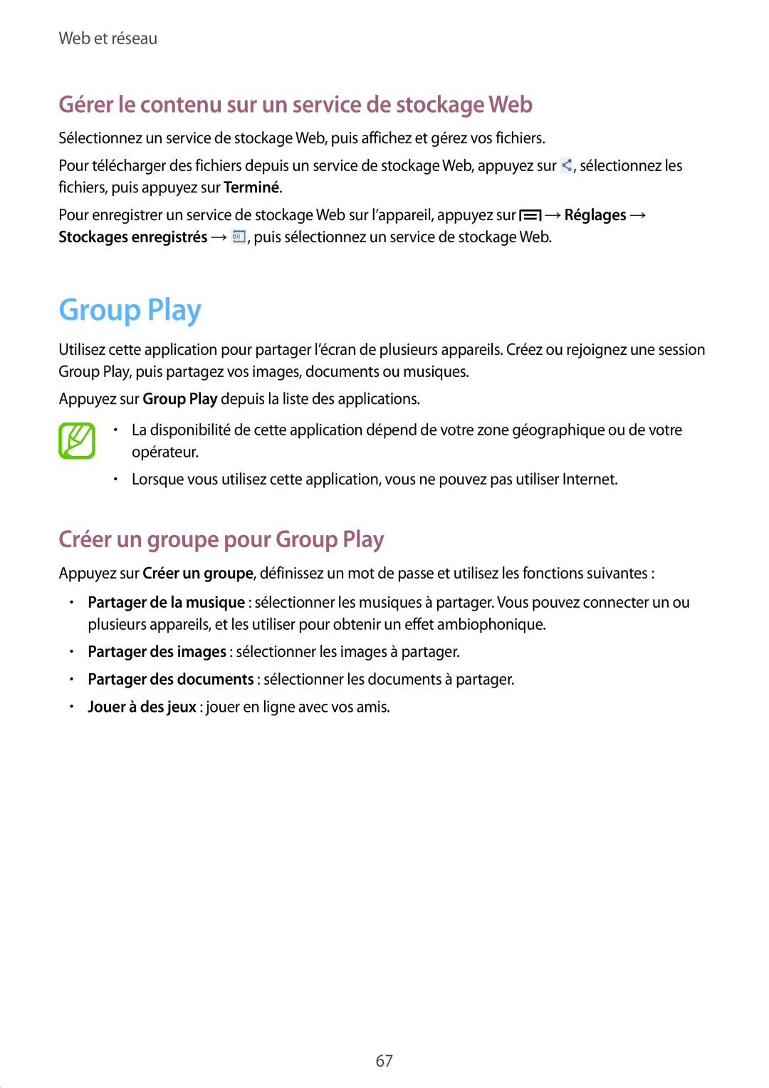 Samsung SM-C1010ZKAXEF manual Gérer le contenu sur un service de stockage Web, Créer un groupe pour Group Play 