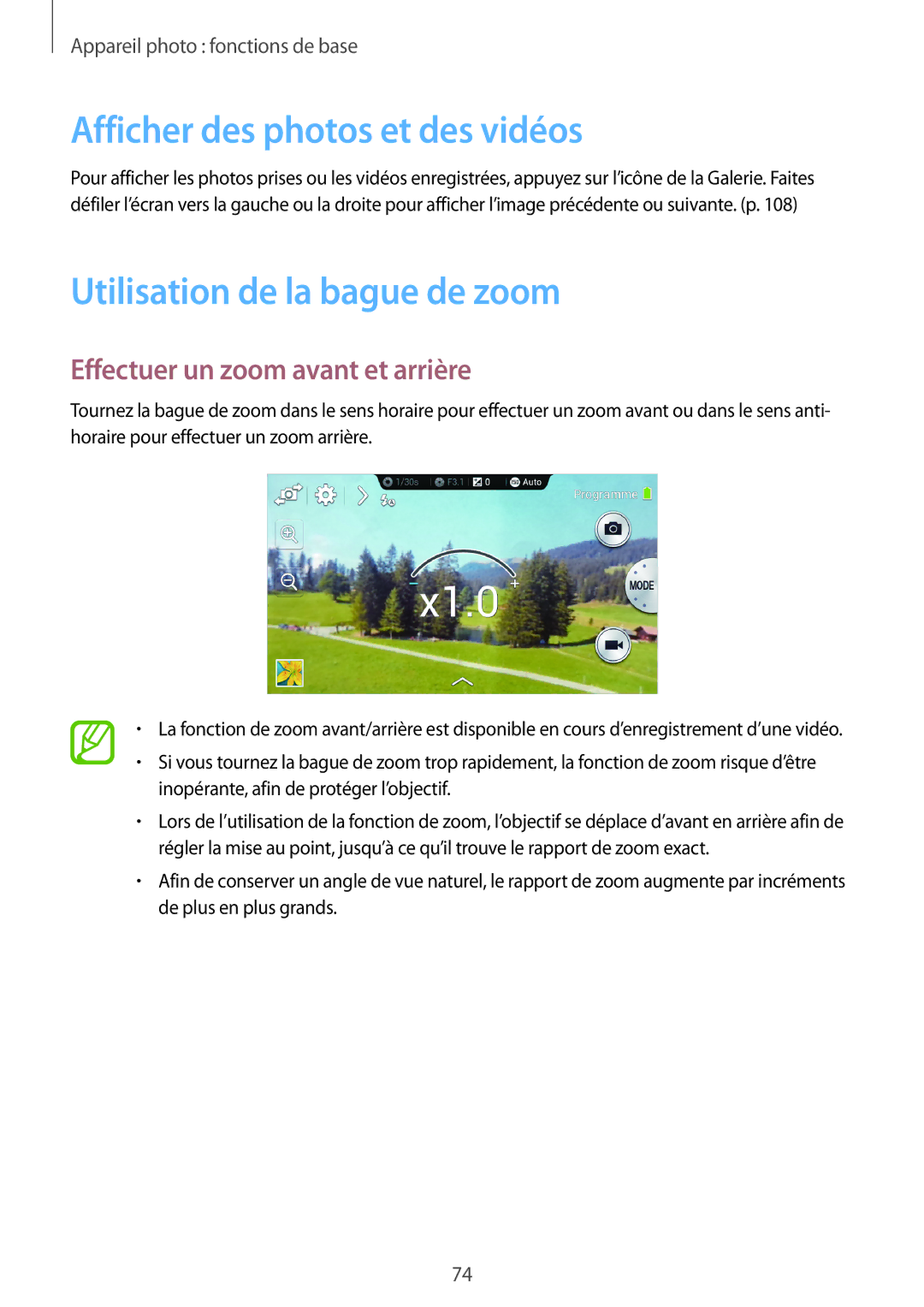 Samsung SM-C1010ZWAXEF, SM-C1010ZKAXEF manual Afficher des photos et des vidéos, Utilisation de la bague de zoom 