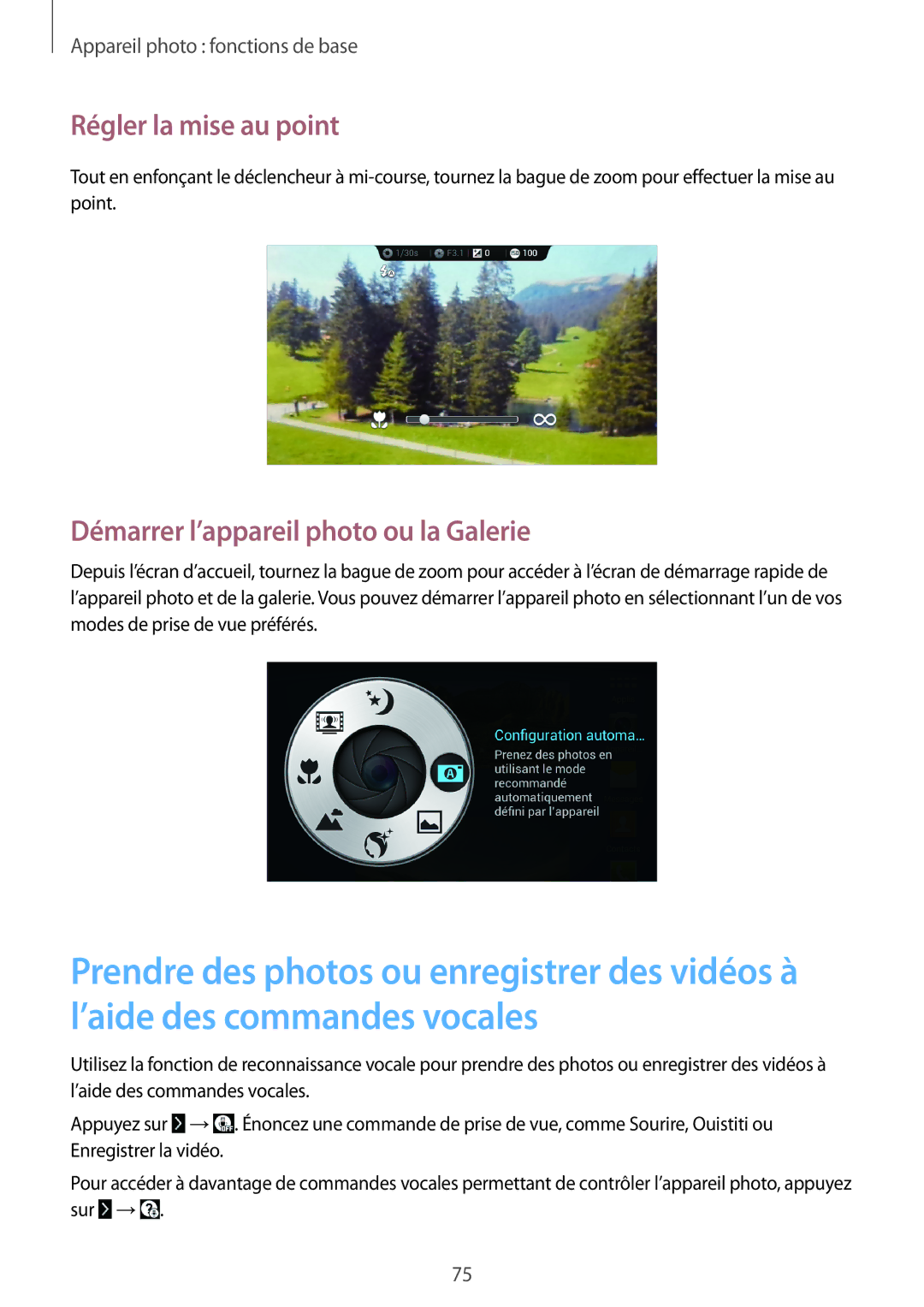 Samsung SM-C1010ZKAXEF, SM-C1010ZWAXEF manual Régler la mise au point, Démarrer l’appareil photo ou la Galerie 