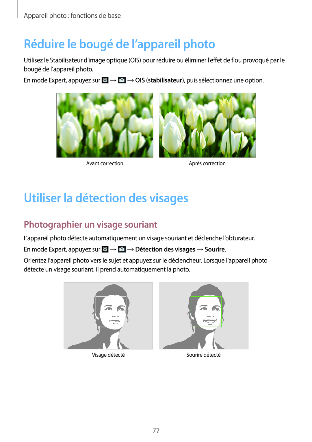 Samsung SM-C1010ZKAXEF, SM-C1010ZWAXEF manual Réduire le bougé de l’appareil photo, Utiliser la détection des visages 
