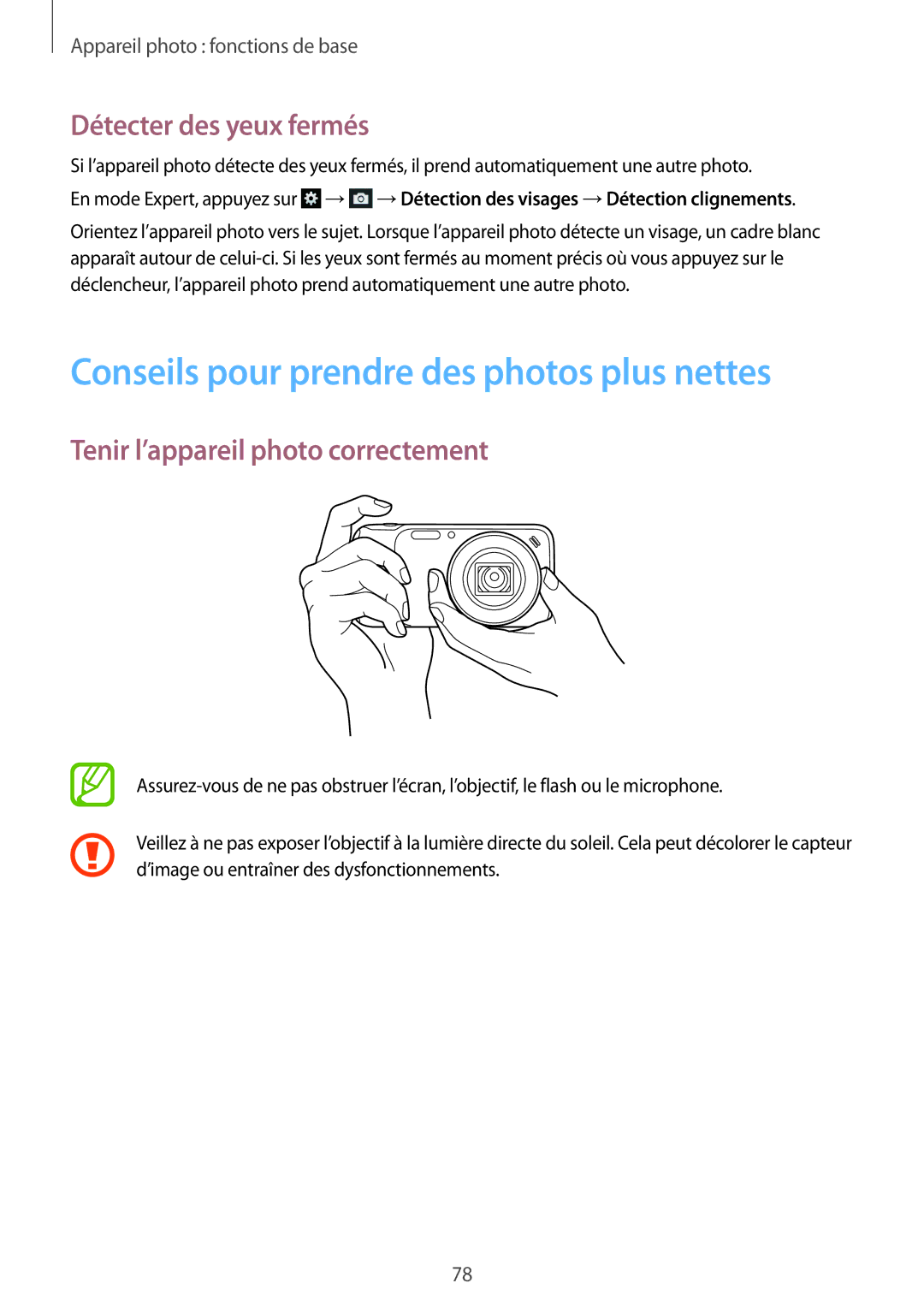 Samsung SM-C1010ZWAXEF, SM-C1010ZKAXEF manual Conseils pour prendre des photos plus nettes, Détecter des yeux fermés 