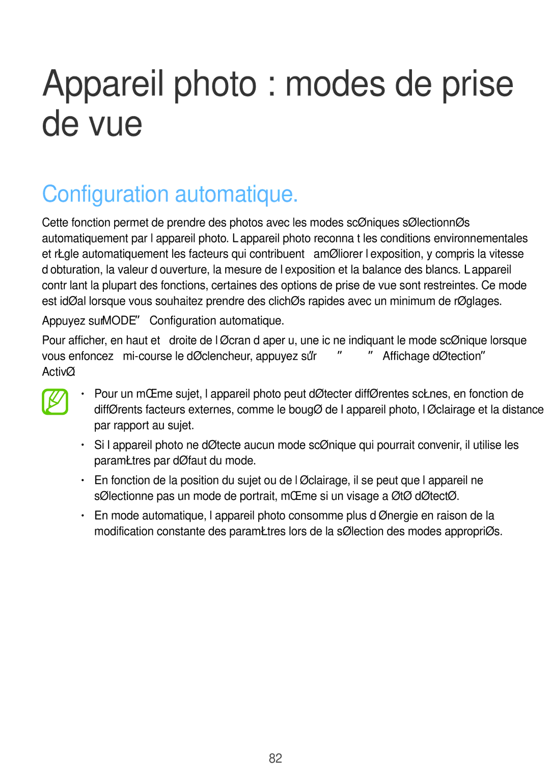 Samsung SM-C1010ZWAXEF, SM-C1010ZKAXEF manual Appareil photo modes de prise de vue, Configuration automatique 