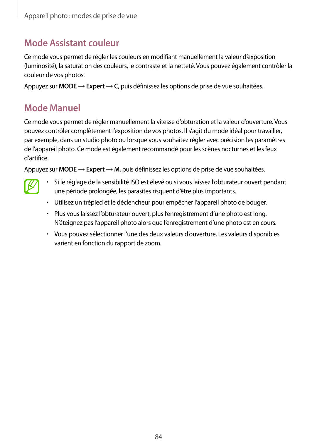 Samsung SM-C1010ZWAXEF, SM-C1010ZKAXEF manual Mode Assistant couleur, Mode Manuel 