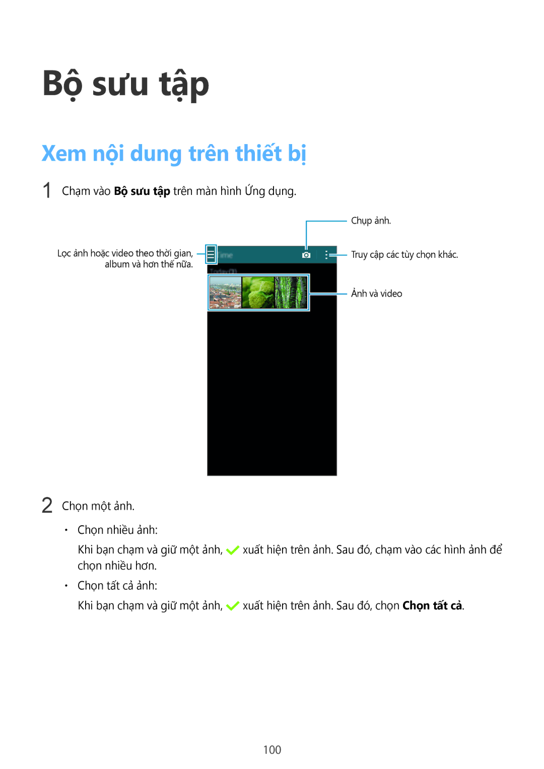 Samsung SM-C1110ZWAXXV, SM-C1110ZKAXXV, SM-C1110ZBAXXV manual Bộ sưu tập, Xem nội dung trên thiết bị, 100 