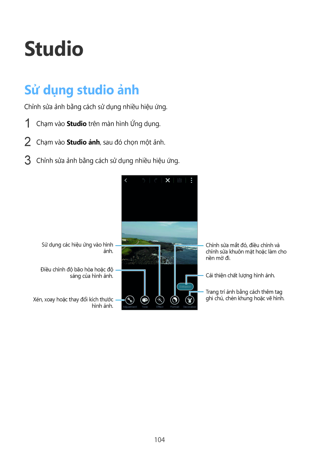 Samsung SM-C1110ZBAXXV, SM-C1110ZKAXXV, SM-C1110ZWAXXV manual Studio, Sử dụng studio ảnh, 104 