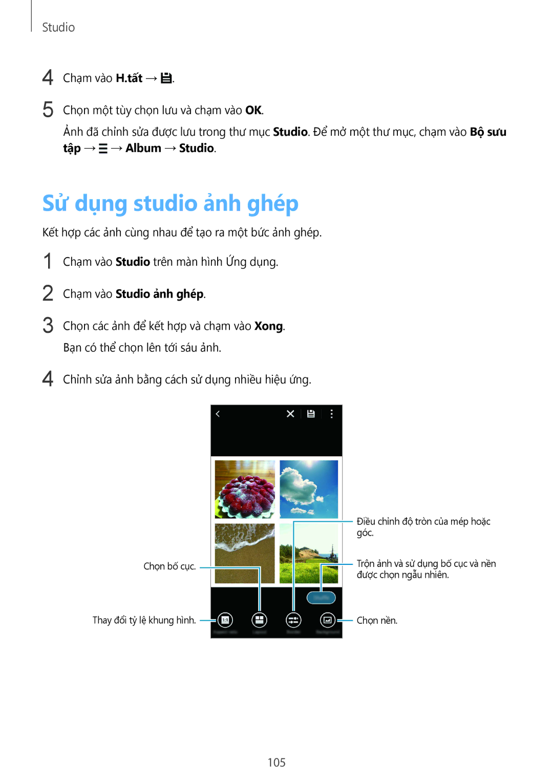 Samsung SM-C1110ZKAXXV, SM-C1110ZWAXXV manual Sử dụng studio ảnh ghép, 105, Tập → → Album → Studio, Chạm vào Studio ảnh ghép 