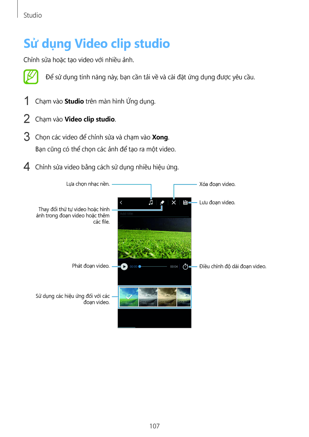 Samsung SM-C1110ZBAXXV, SM-C1110ZKAXXV, SM-C1110ZWAXXV manual Sử dụng Video clip studio, 107, Chạm vào Video clip studio 