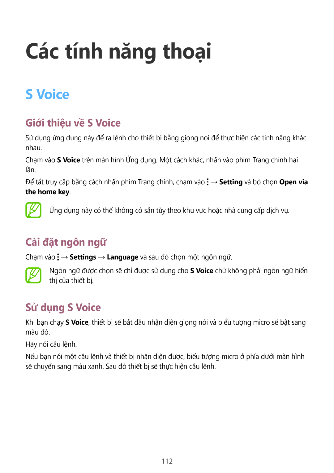 Samsung SM-C1110ZWAXXV, SM-C1110ZKAXXV Các tính năng thoại, Giới thiệu về S Voice, Cà̀i đặt ngôn ngữ, Sử dụng S Voice 