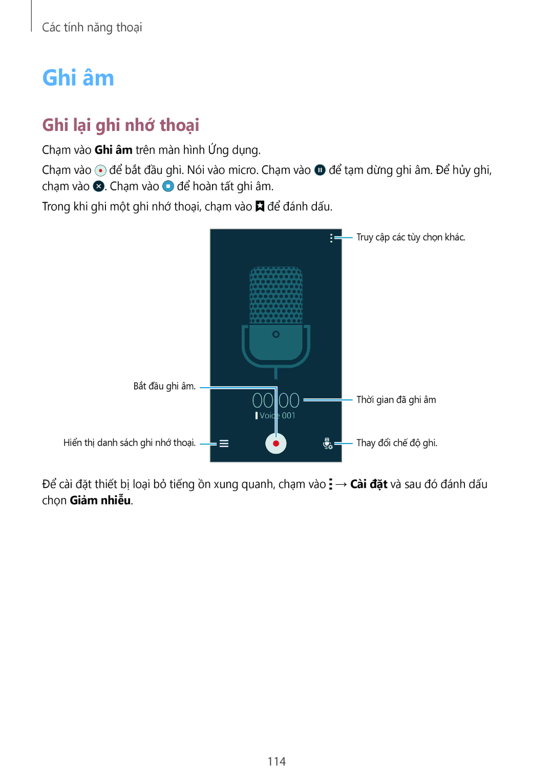 Samsung SM-C1110ZKAXXV, SM-C1110ZWAXXV, SM-C1110ZBAXXV manual Ghi âm, Ghi lại ghi nhớ thoại, 114 