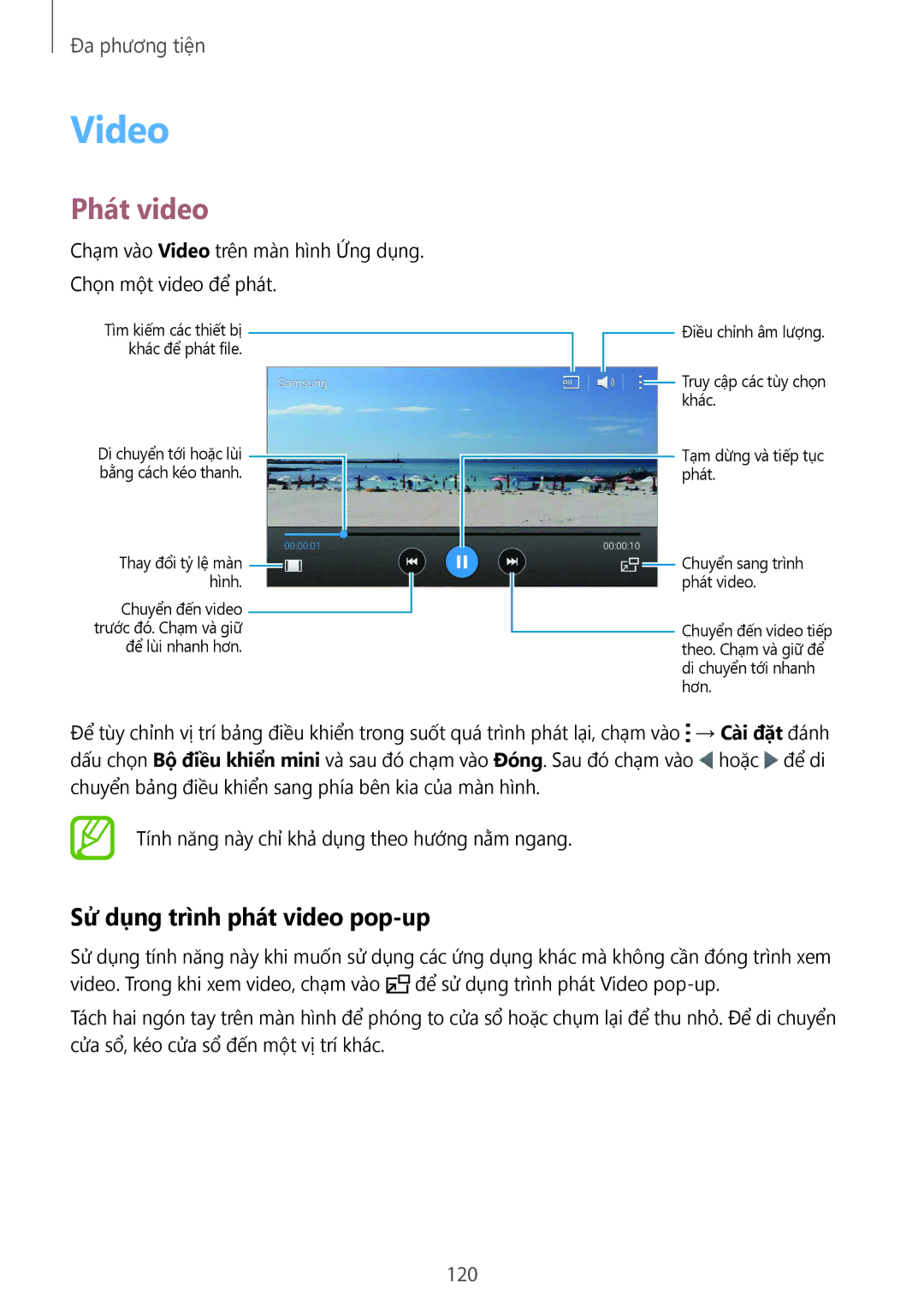 Samsung SM-C1110ZKAXXV, SM-C1110ZWAXXV, SM-C1110ZBAXXV manual Video, Phát video, Sử dụng trình phát video pop-up, 120 