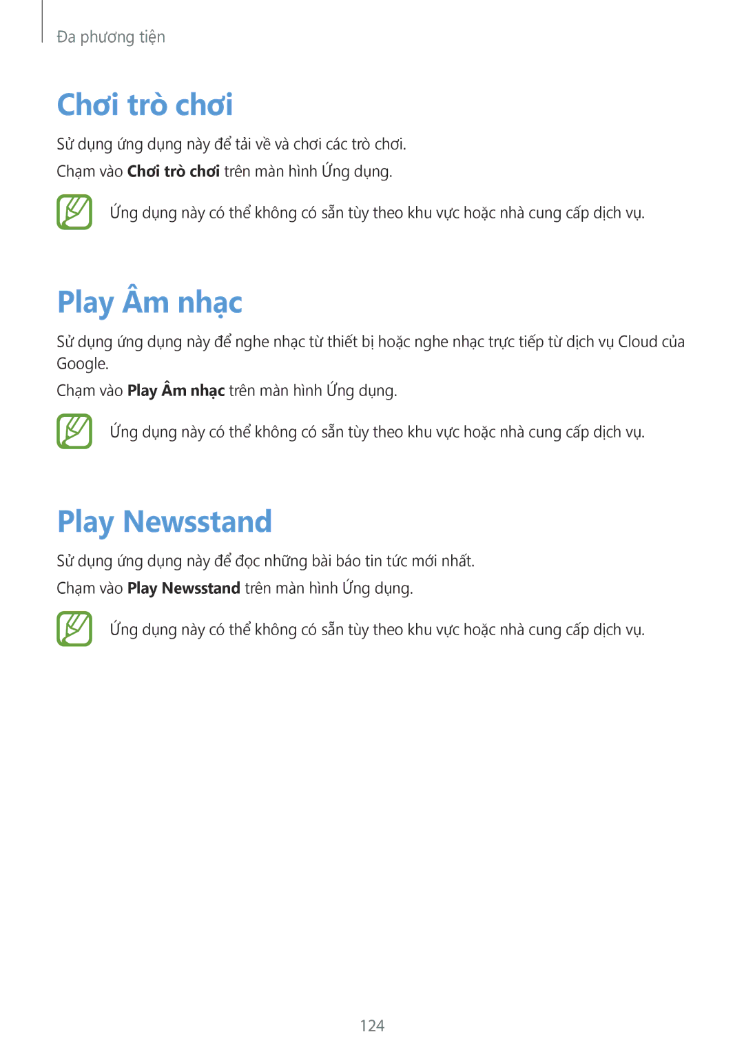 Samsung SM-C1110ZWAXXV, SM-C1110ZKAXXV, SM-C1110ZBAXXV manual Chơi trò chơi, Play Âm nhạc, Play Newsstand, 124 