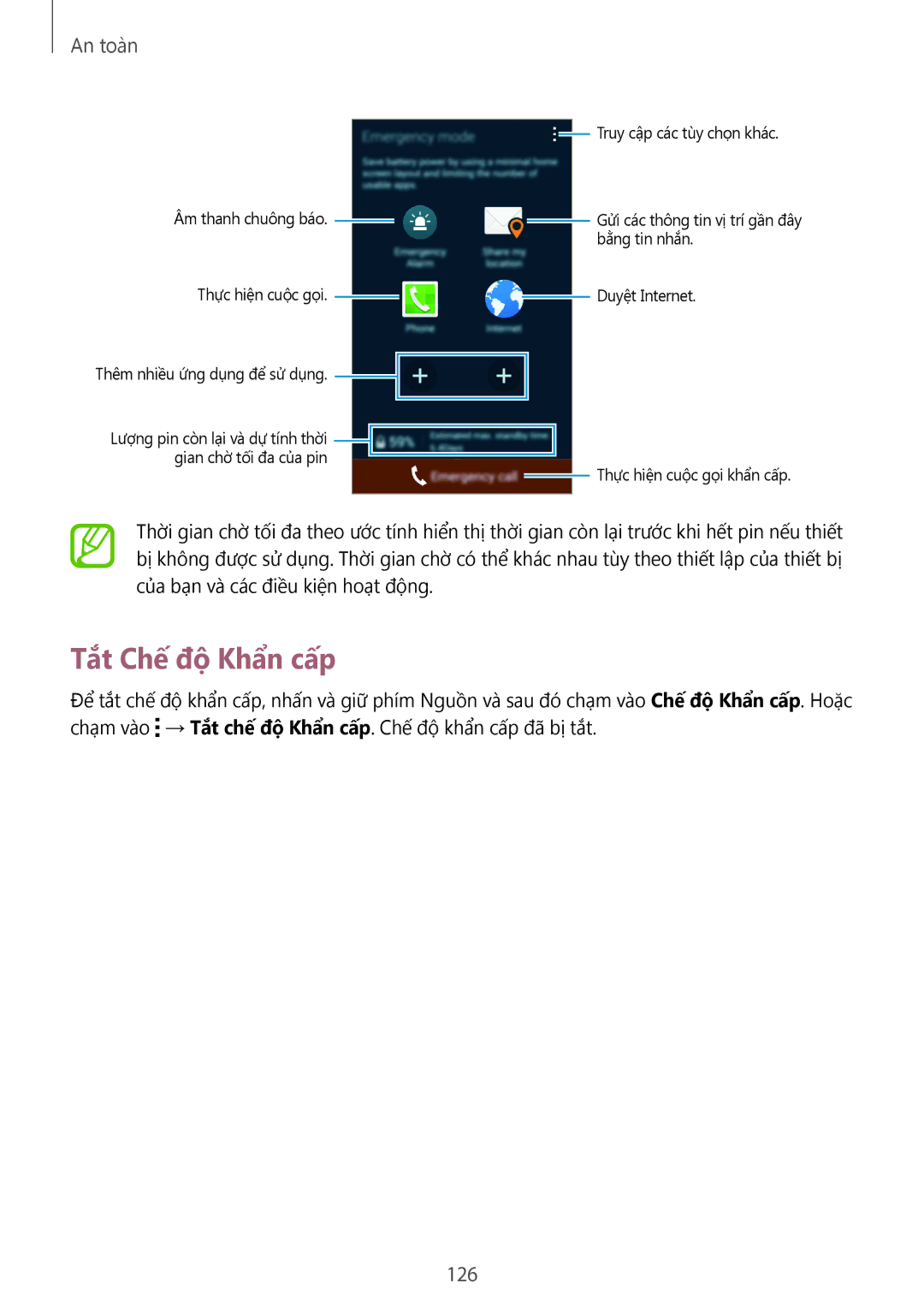 Samsung SM-C1110ZKAXXV, SM-C1110ZWAXXV, SM-C1110ZBAXXV manual Tắt Chế độ Khẩn cấp, 126 