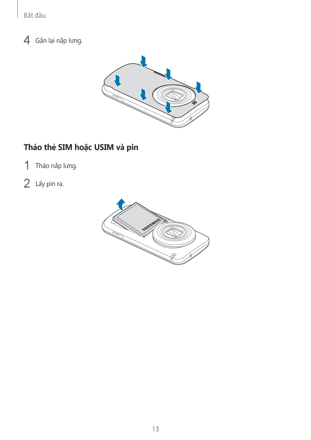 Samsung SM-C1110ZWAXXV, SM-C1110ZKAXXV, SM-C1110ZBAXXV manual Tháo thẻ SIM hoặc Usim và̀ pin 