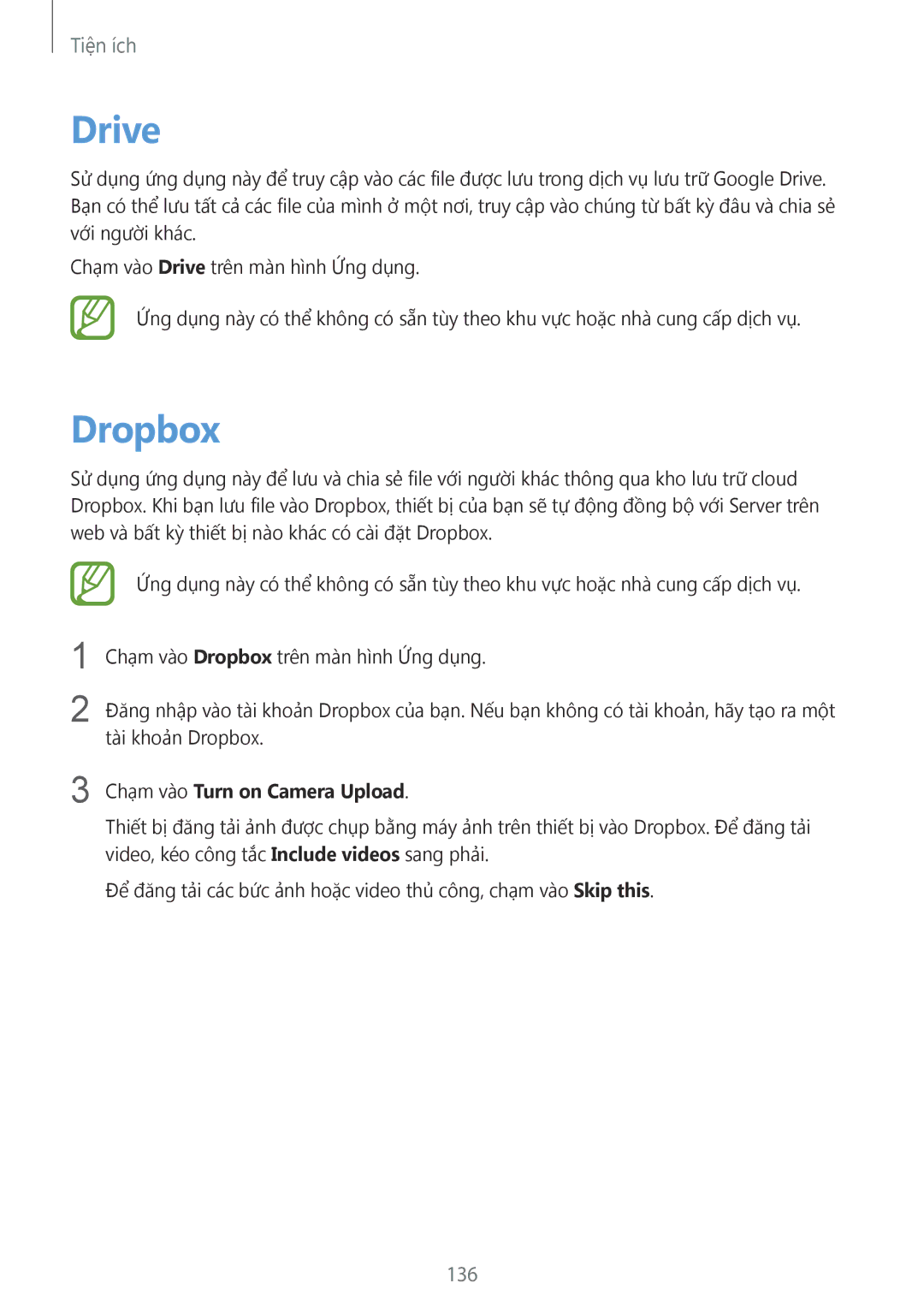 Samsung SM-C1110ZWAXXV, SM-C1110ZKAXXV, SM-C1110ZBAXXV manual Drive, Dropbox, 136, Chạm vào Turn on Camera Upload 