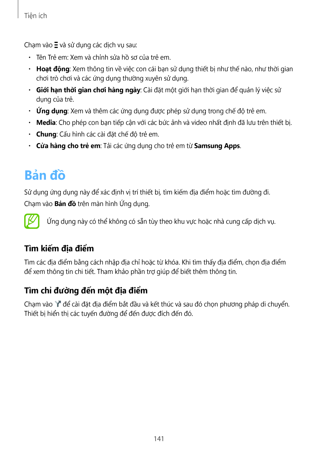Samsung SM-C1110ZKAXXV, SM-C1110ZWAXXV, SM-C1110ZBAXXV manual Bản đồ, Tìm kiếm địa điểm, Tìm chỉ đường đến một địa điểm, 141 