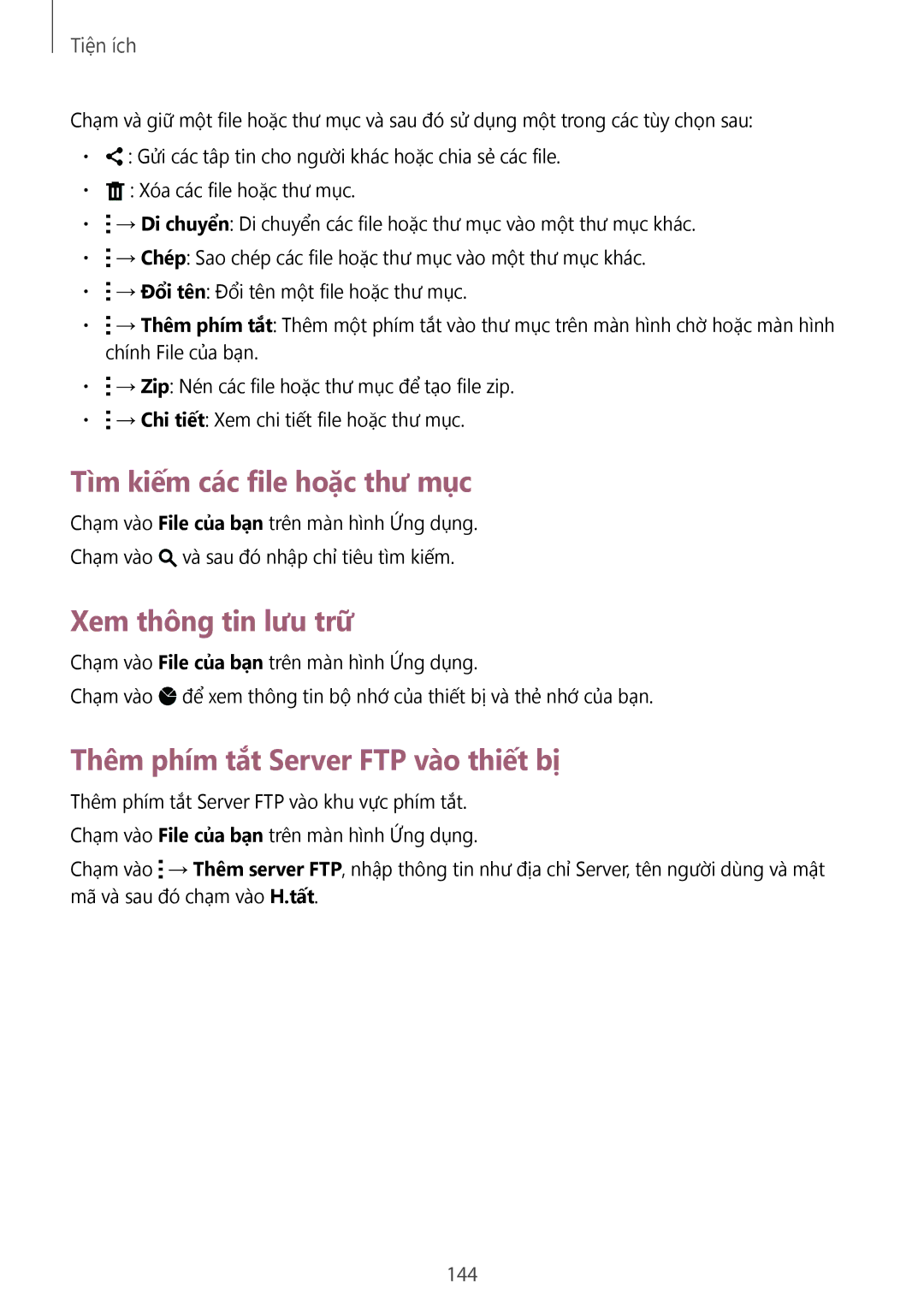 Samsung SM-C1110ZKAXXV Tìm kiếm các file hoặc thư mục, Xem thông tin lưu trữ, Thêm phím tắt Server FTP và̀o thiết bị, 144 